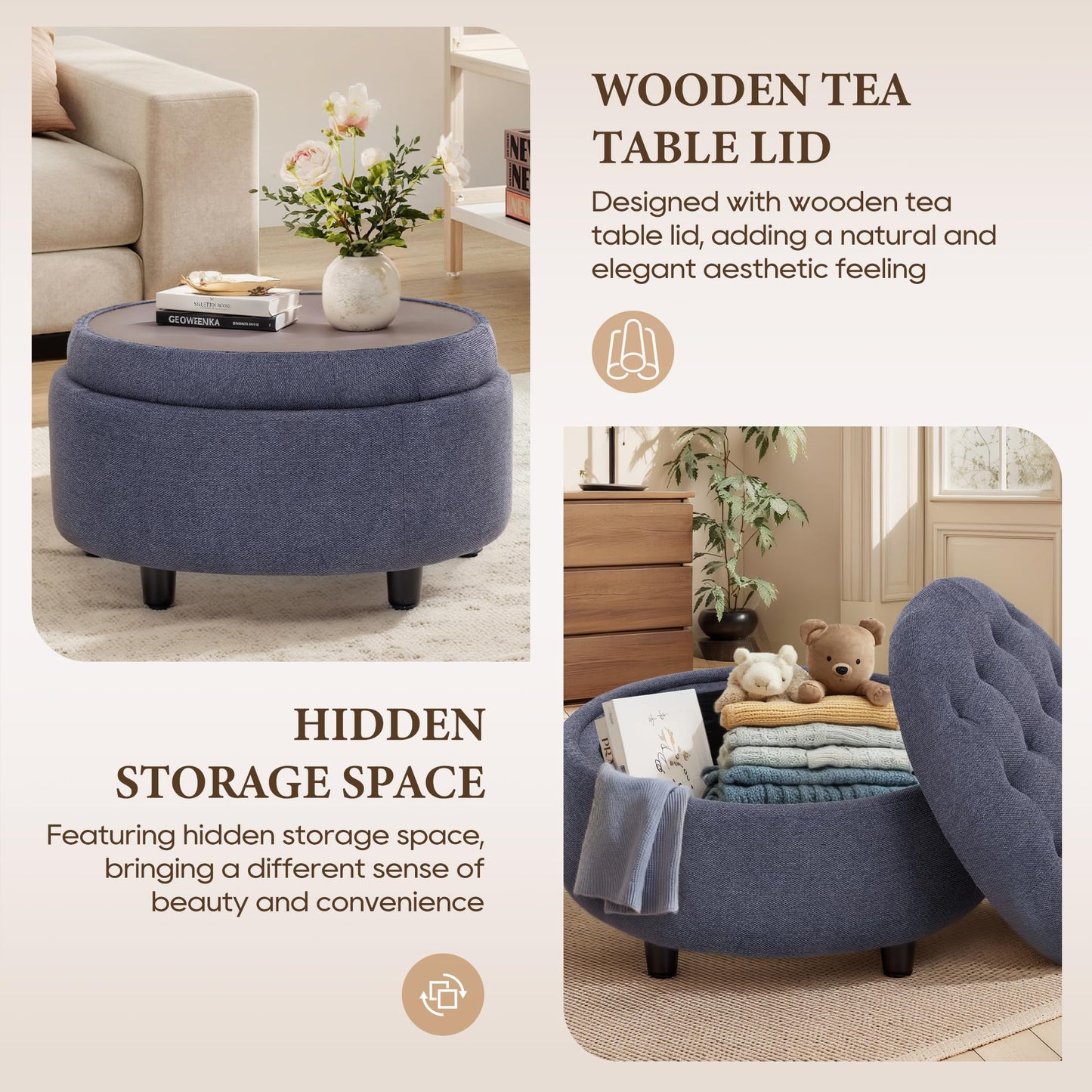 COLAMY Fabric Round Storage Ottoman with Reversible Tray Lid – Multi-Functional Footrest, Hidden Storage, Sturdy & Stylish Small Coffee Table for Living Room, Bedroom, or Entryway(Blue)