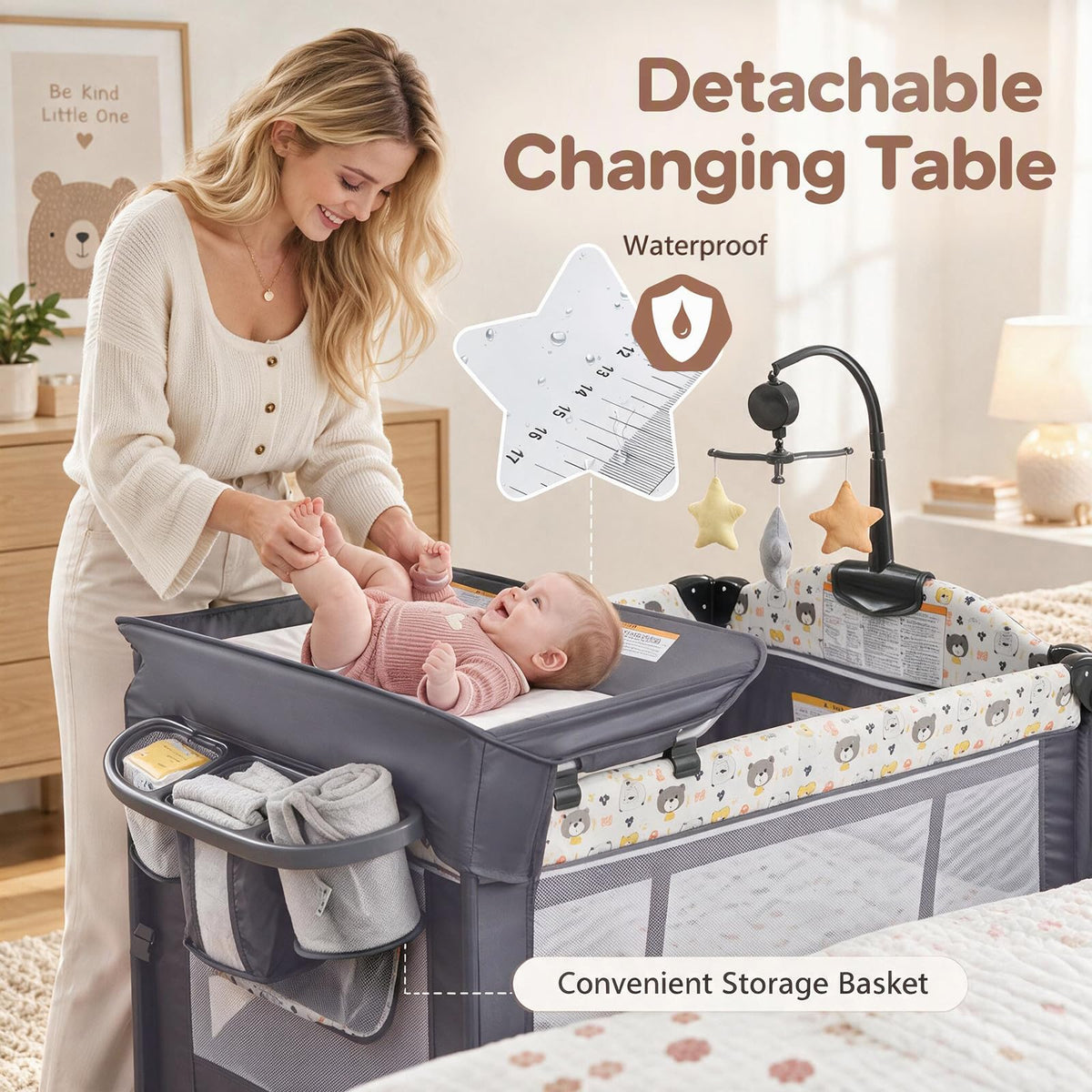 INFANS 5 in 1 Pack and Play, Portable Baby Playard, Bear