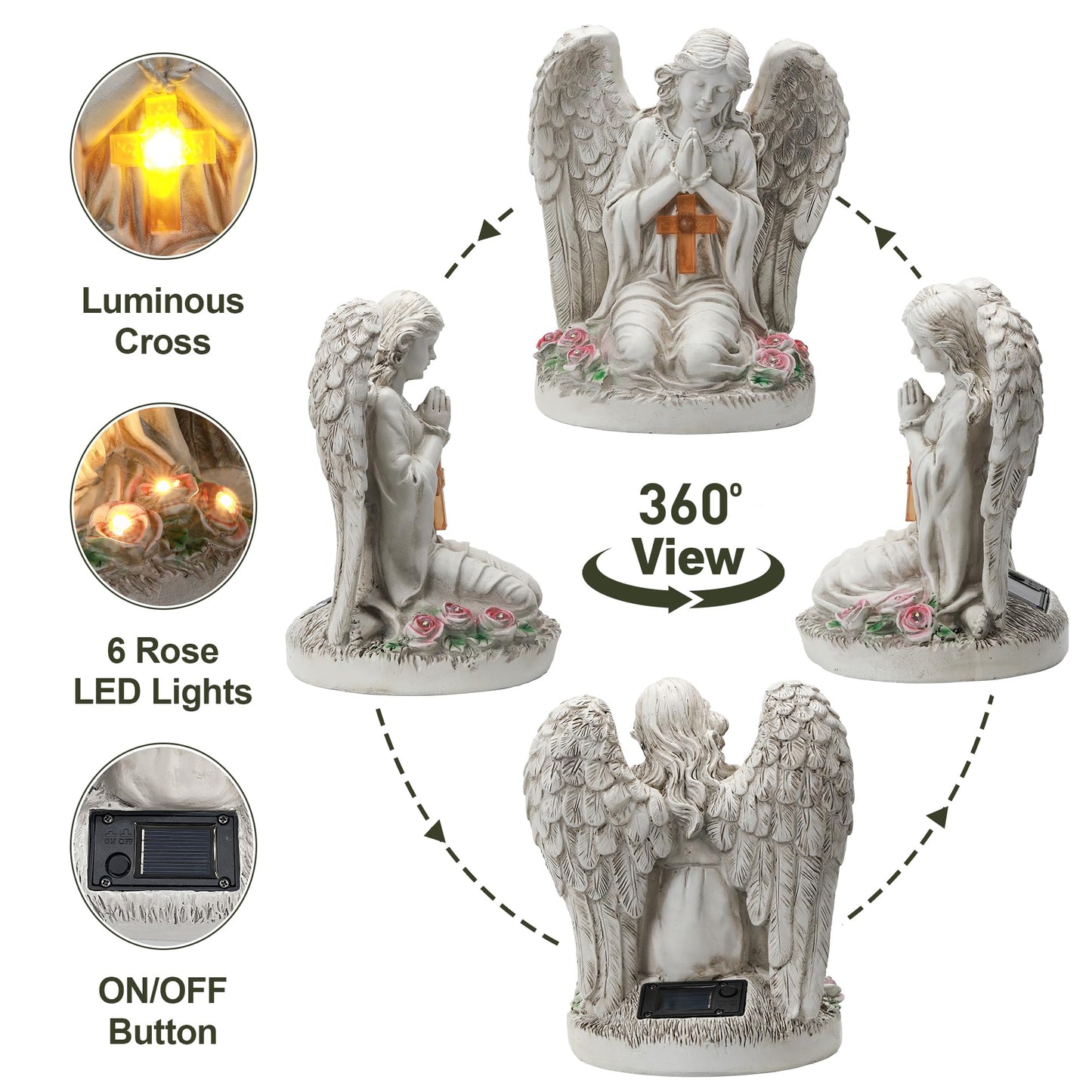 Ayadon Solar Angel Garden Statues with Cross and 6 LED Lights, Solar Outdoor Decor for Patio, Balcony, Yard, Cemetery, Waterproof Praying Angel Figurines, Lawn Ornaments Gifts for Women, Mom, Grandma