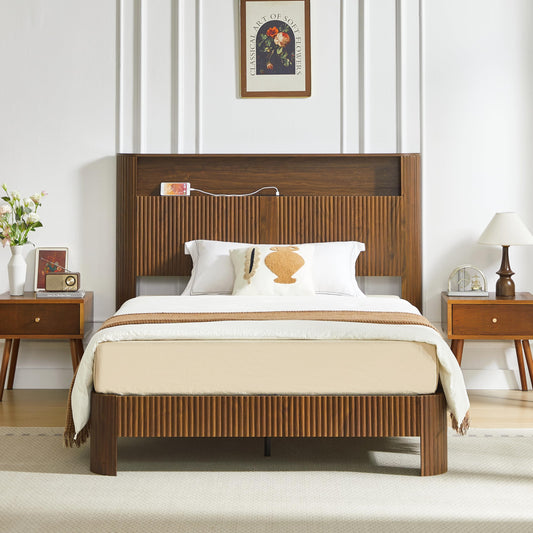 GM Ultra Fluted Full XL Size Bed Frame with Storage Headboard and Charging Station, Vintage Farmhouse Wood Platform Bed Frame, Metal Slat Support, No Box Spring Needed, Noise Free, Natural