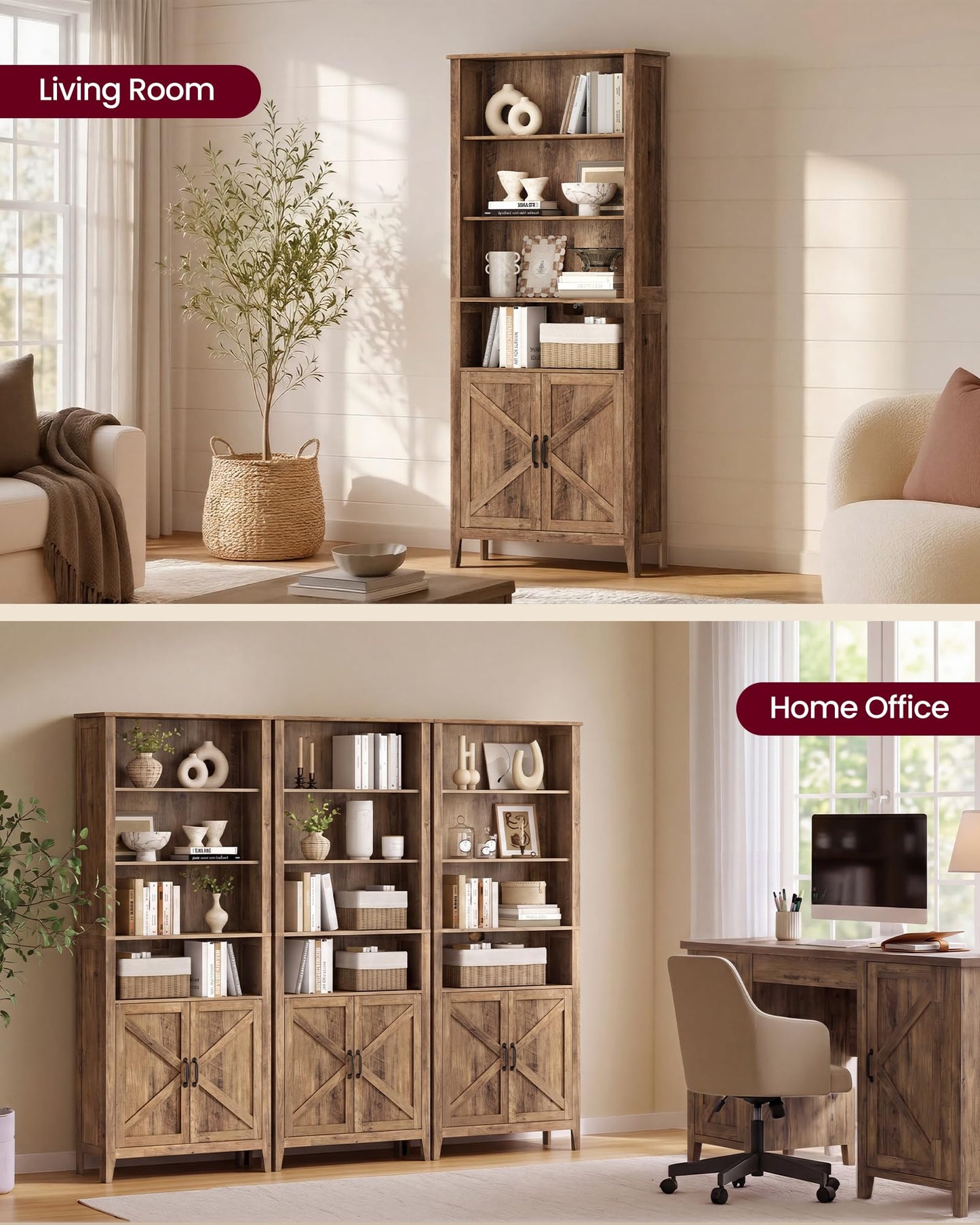 VASAGLE Farmhouse Bookshelf, 6-Tier Bookcase with Doors