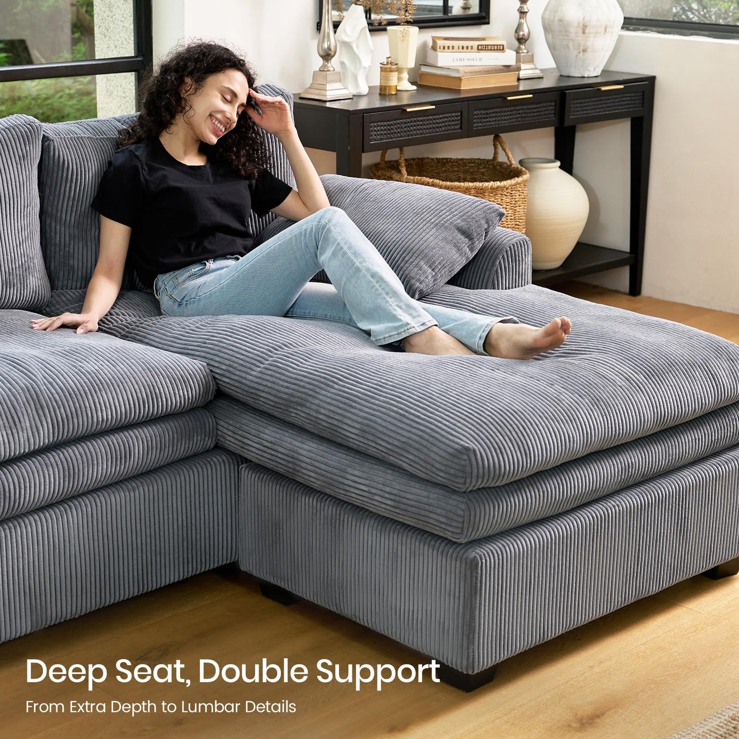 Belffin Large Modular Sectional Sofa with Double Deep Chaise, 135" Corduroy U Shaped Sectional Couch with 9" Soft Dual-Layer 6 Seats U Shaped Couch for Living Room, Apartment, Light Grey