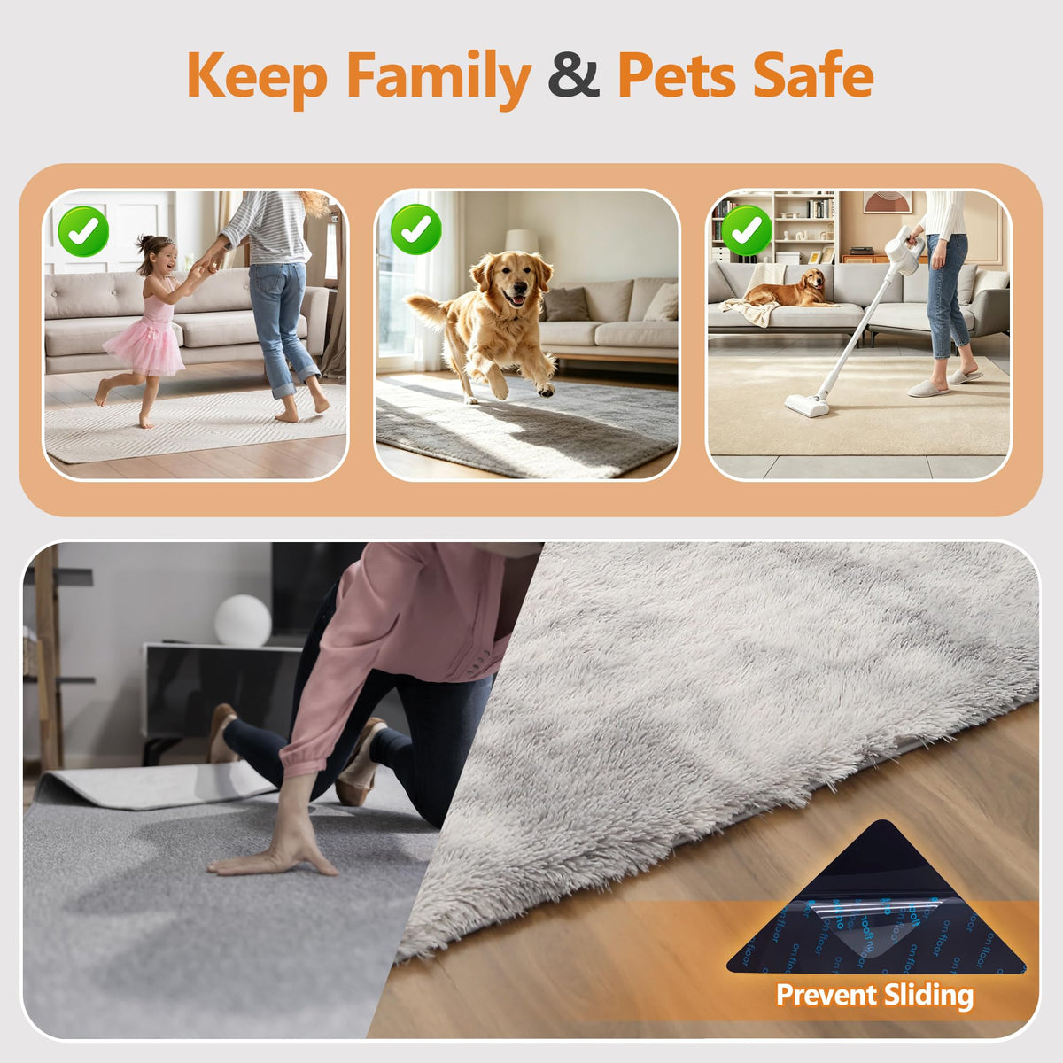 Tiergrade 16 Pcs Rug Tape,Anti Slip Rug Pads Grippers for Hardwood Floors and Tiles,with Strong Adhesive Grid Backing-No Residue,Reusable Carpet Tape, Double-Sided Adhesive Rug Stickers