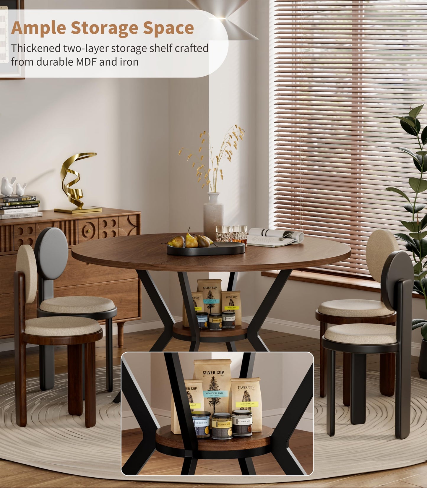 42" Round Dining Table for 4, Farmhouse Kitchen Table with Storage, Space Saving Circle Dinner Table, Rustic Wood Kitchen & Dining Room Tables with Metal Legs for Kitchen, Living Room, Dining Room
