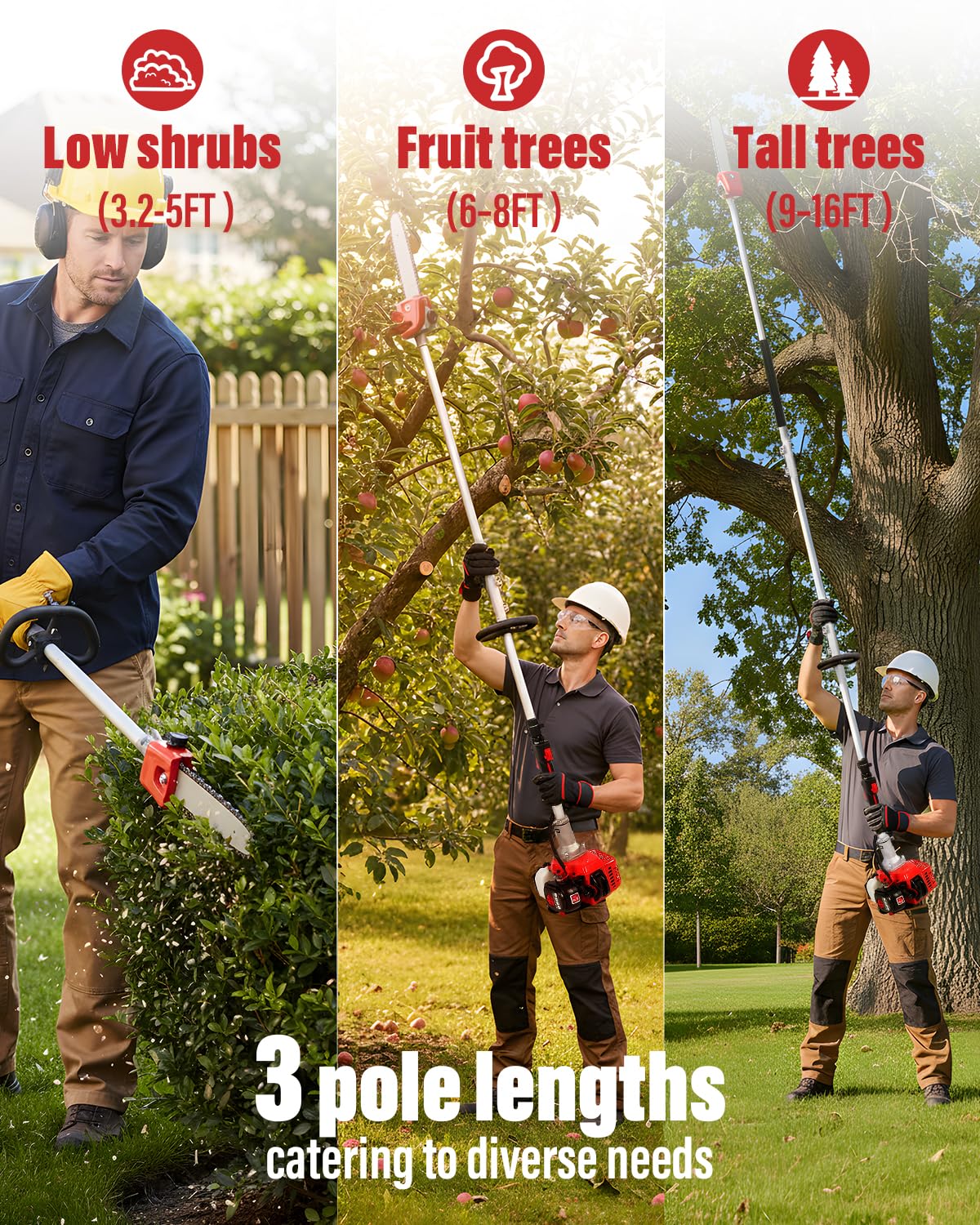 EIDOWA 48CC Gas Powered Pole Saw 16FT Reach, 3.5HP Gas Pole Saws for Tree Trimming with 11.8" Bar, Professional Gas Powered Chainsaw for Tall Trees, Safe Limb Pruner (Red)