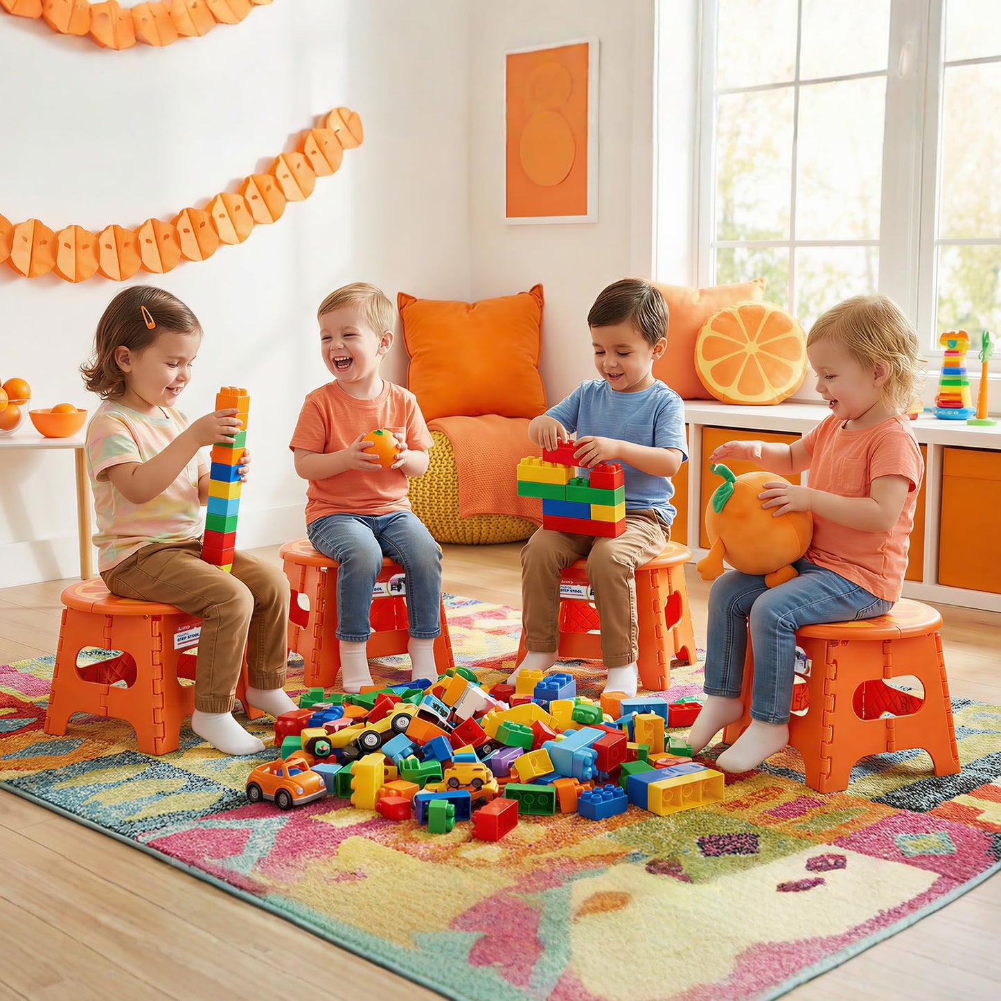 ACSTEP Folding Step Stool 9 Inch, Sturdy Collapsible Step Stool Foldable Up to 265 lbs for Kids Toddlers & Adults, Non Slip Foot Stools with Handle for Kitchen, Bathroom, Bedroom, Outdoor, Orange