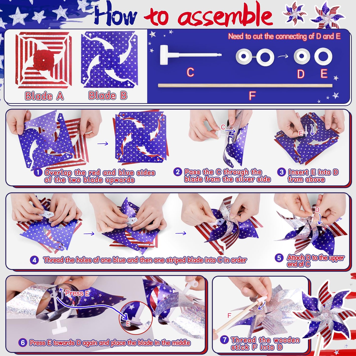 Reflective Patriotic Pinwheels 4th of July Decorations 12 Pack Red White and Blue Windmills Decorations Wind Spinners for Yard Garden,Independence Day, Memorial Day