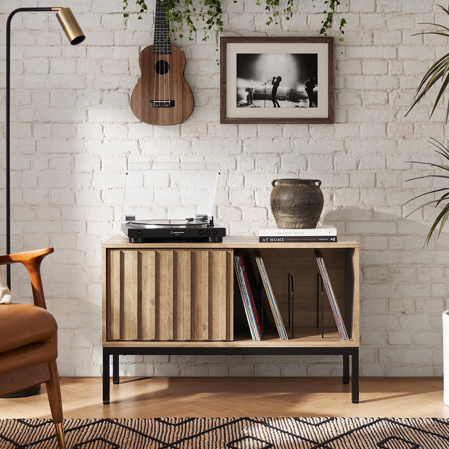 mopio Norwin Record Player Stand, 120 Albums Vinyl Record Storage, Turntable Stand, Media Stereo Storage Cabinet, Small TV Table, Removable Dividers, Fluted Sliding Door, Metal Legs, Living Room