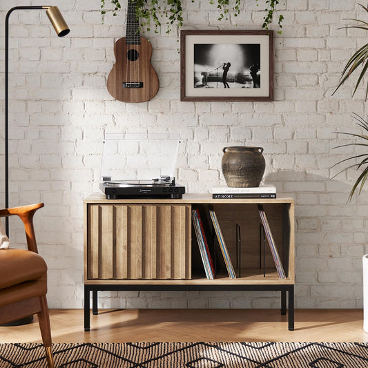 mopio Norwin Record Player Stand, 120 Albums Vinyl Record Storage, Turntable Stand, Media Stereo Storage Cabinet, Small TV Table, Removable Dividers, Fluted Sliding Door, Metal Legs, Living Room