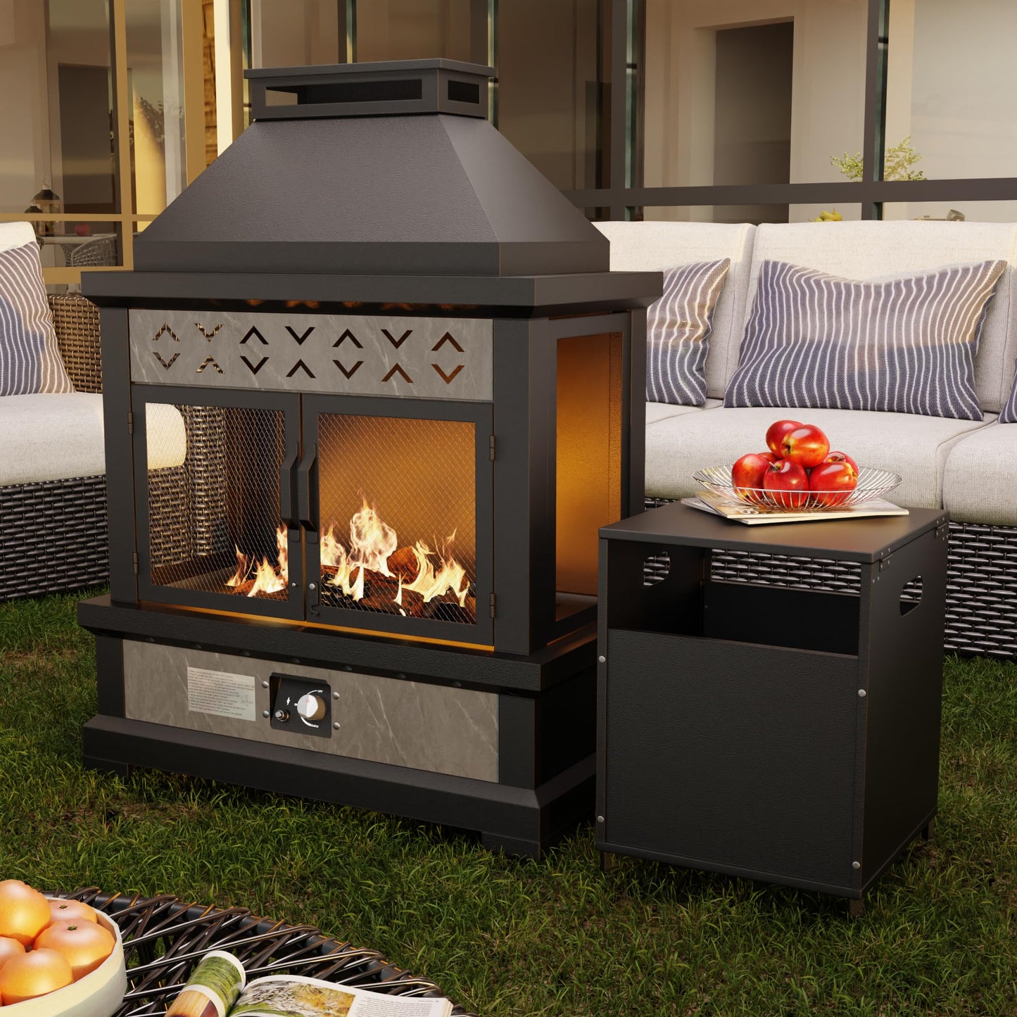 47.3''x35.5'' Outdoor Propane Fireplace, 50,000 BTU Vent-Free Gas Heater, CSA Certified Grey & Black Weather-Resistant Steel, Realistic Ceramic Logs, Rain Cover Included