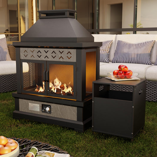 47.3''x35.5'' Outdoor Propane Fireplace, 50,000 BTU Vent-Free Gas Heater, CSA Certified Grey & Black Weather-Resistant Steel, Realistic Ceramic Logs, Rain Cover Included