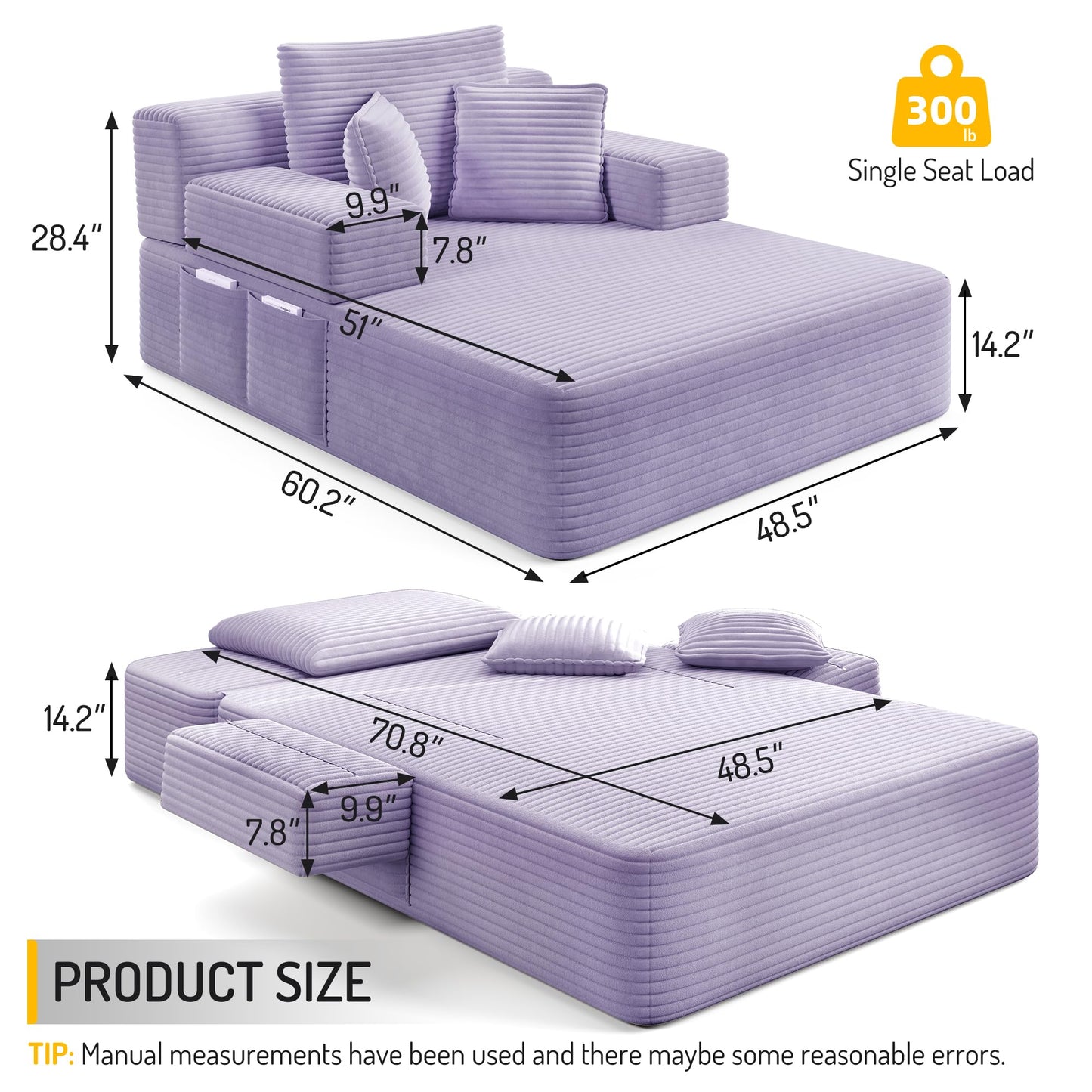 Oversized Convertible Chaise Lounge Chair Indoor, Corduroy Upholstered Boneless Sleeper Sofa Bed with Side Pockets, Modern Deep Seat Cloud Couch Reading Chairs for Living Room (Purple)