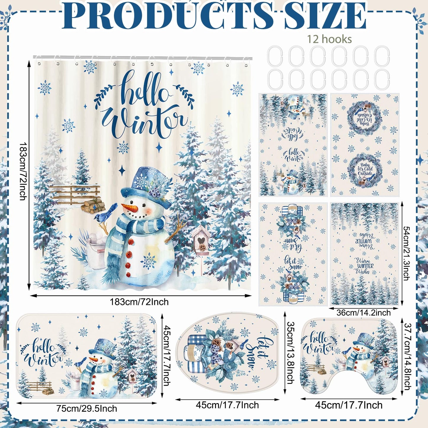 Tranqun 8 Pcs Winter Shower Curtain Set Towels Mat Toilet Lid Cover Hook