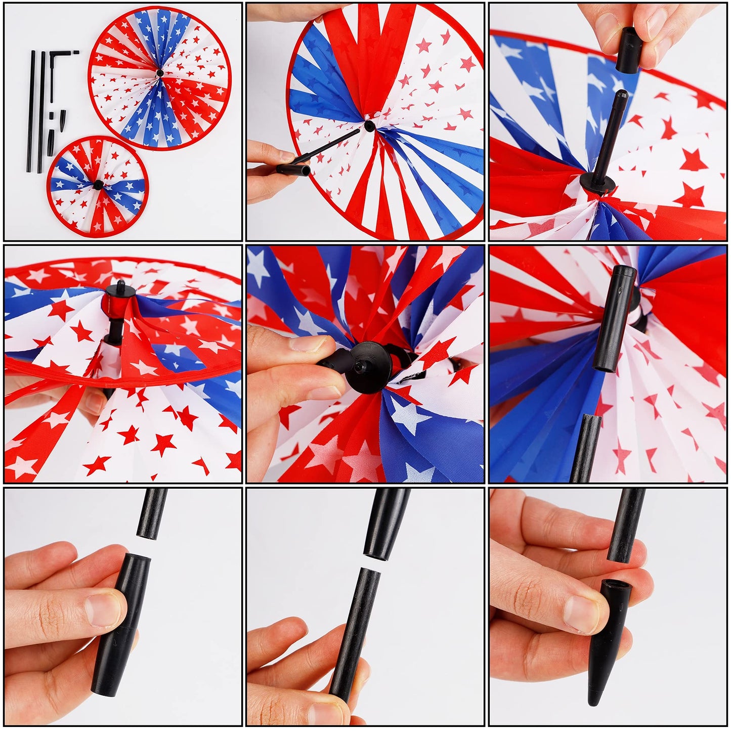 winemana 3 Pack Patriotic Pinwheel for Independence Day, 4th of July Decor Double Spinner Wheel, American Flag Red White Blue Star Décor Outdoor Yard Patio Garden Lawn (12" x 29")