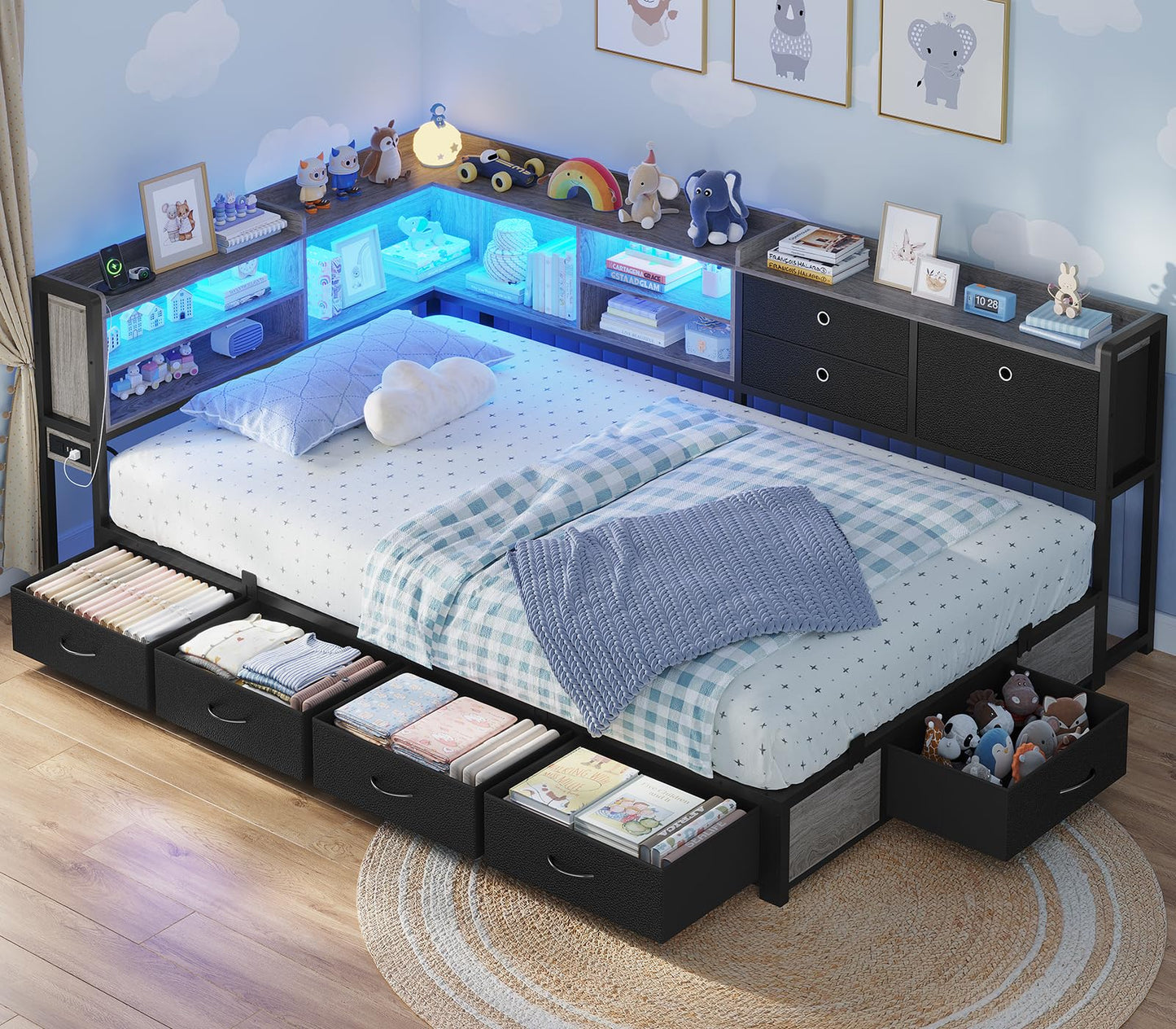BTHFST Corner Bed Frame with Charging Station & Led Lights, Twin Bed Frame with 8 Storage Drawers & Bookcase, Twin Daybed with Storage Headboard for Kids Guests, Black & Gray
