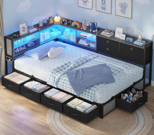 BTHFST Corner Bed Frame with Charging Station & Led Lights, Twin Bed Frame with 8 Storage Drawers & Bookcase, Twin Daybed with Storage Headboard for Kids Guests, Black & Gray