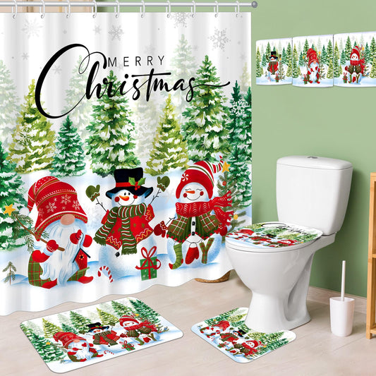Tiamon 7 Pcs Christmas Snowman Shower Curtain Set with Rugs Toilet Mats