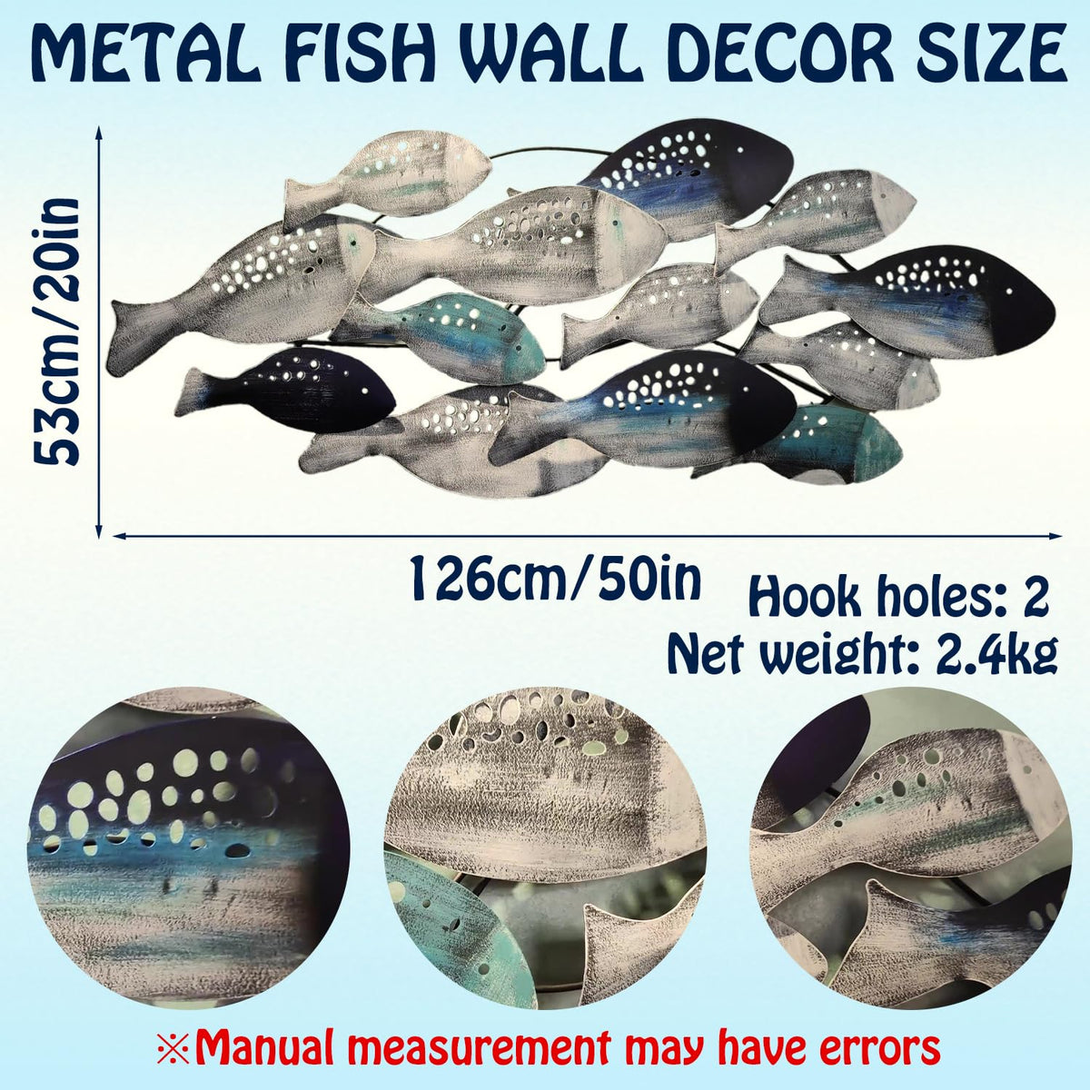 edaknez Coastal Metal Fish Wall Decor, Large Blue Fish Nautical Wall Art