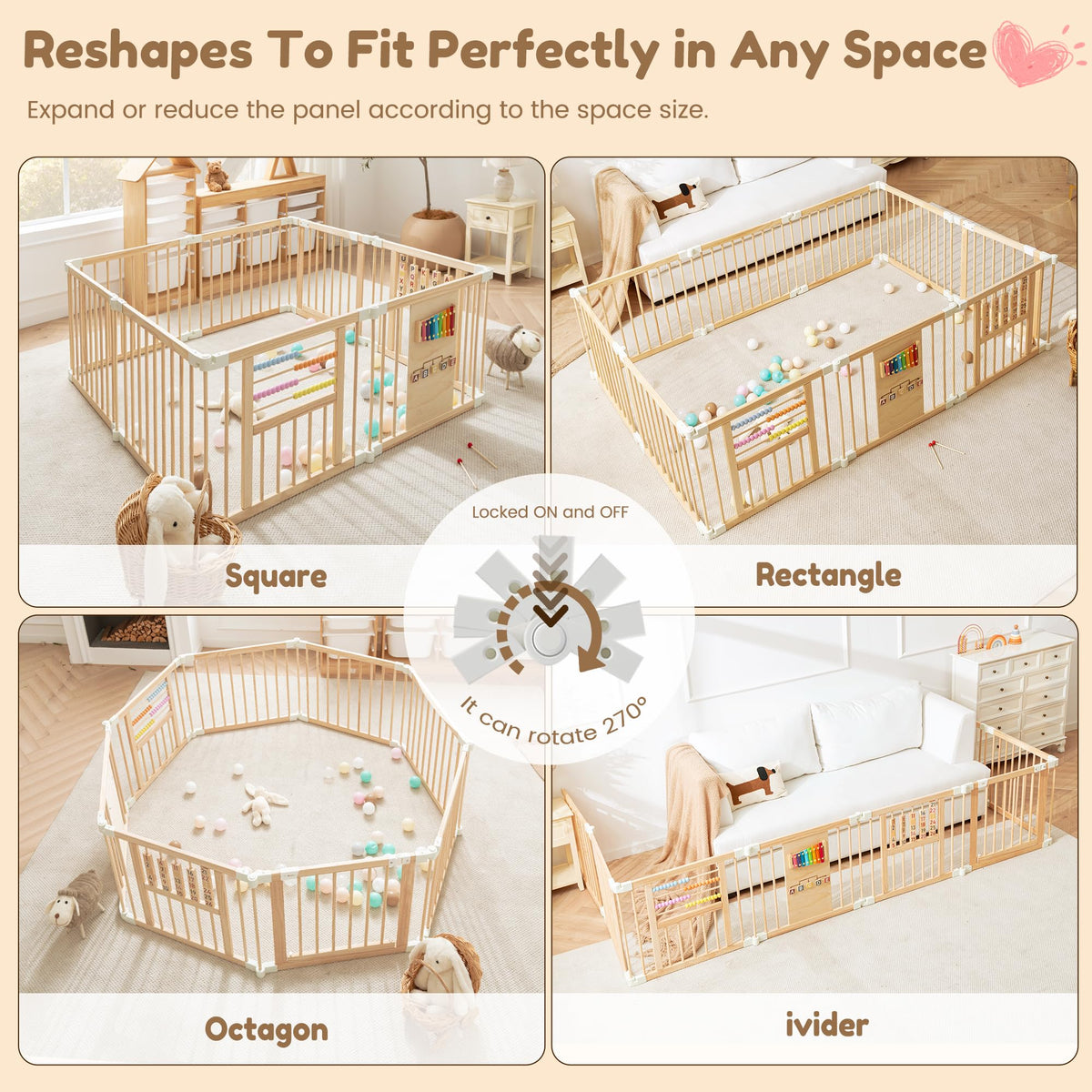 GGF Wooden Baby Playpen with 3 Montessori Toys, Foldable, 89 x 59 in