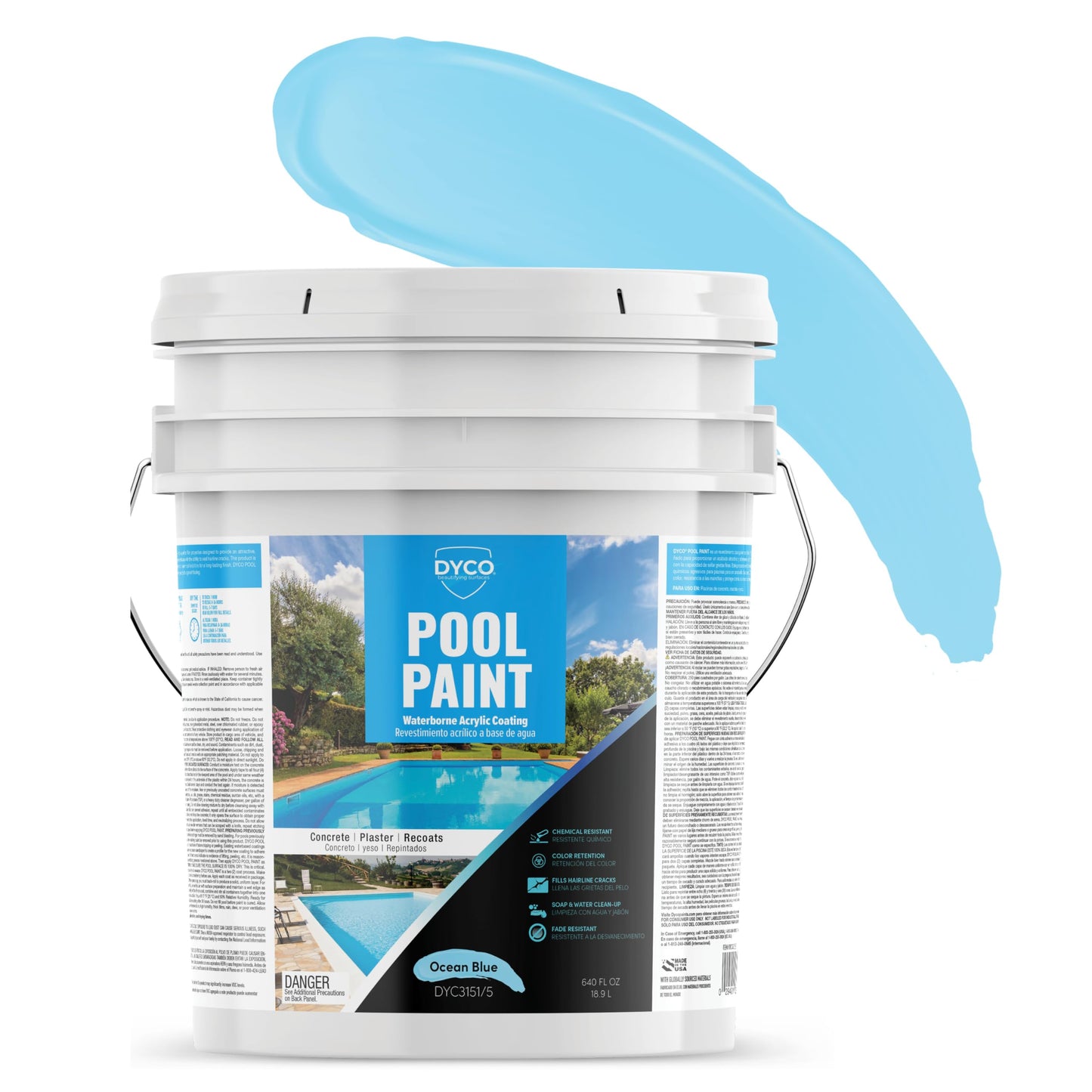 Dyco Waterborne Acrylic Pool Paint, Resistant to UV, Water, Salt, Chemicals, Fading, Cracking & More, Seals Hairline Cracks (Ocean Blue, 5 Gallon)