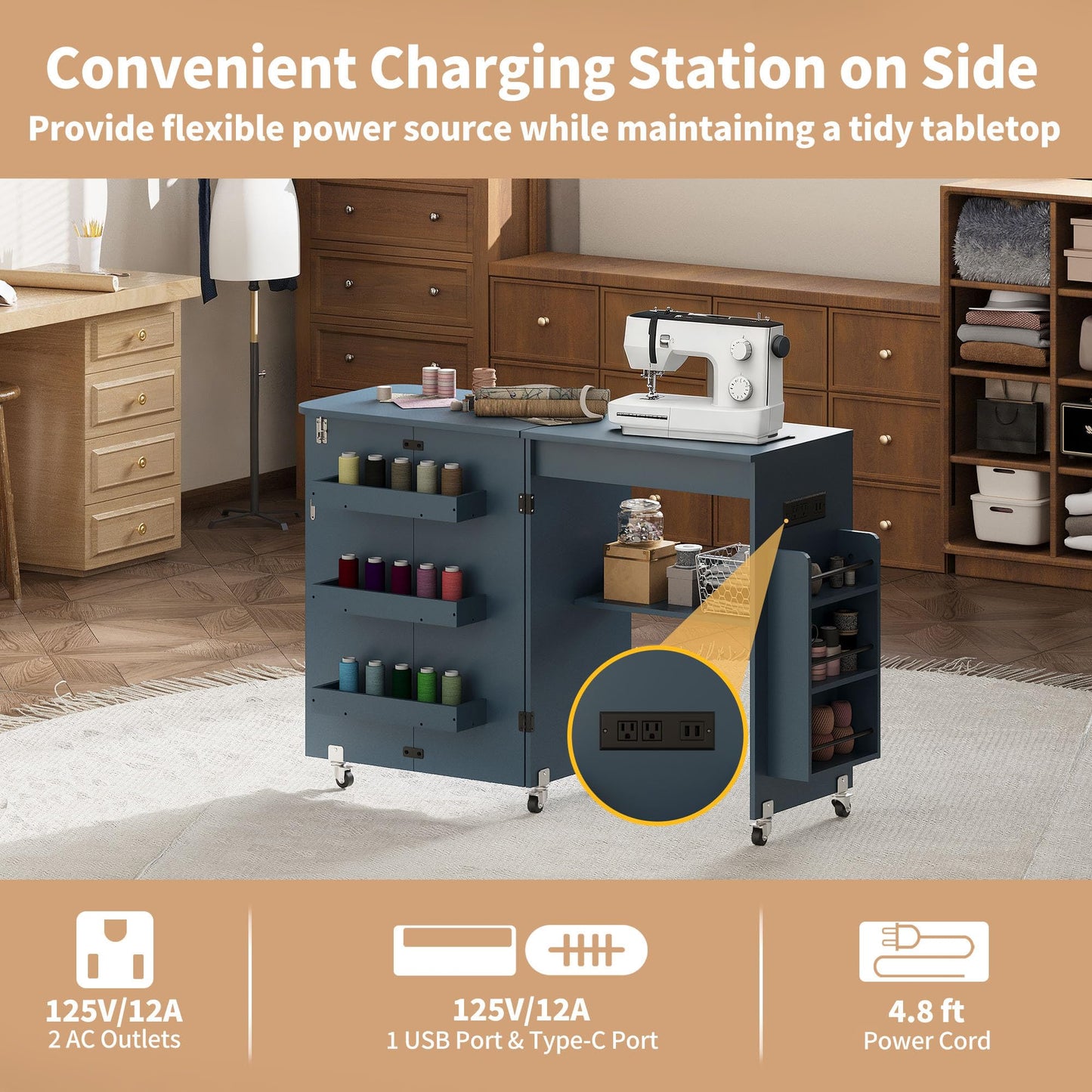 DUDUSHIMAN Sewing Table with Storage, Folding Sewing Table with Charging Station/Shelves,Lockable Casters, Sewing Machine Desk for Home Apartment, Studio (Navy Blue)