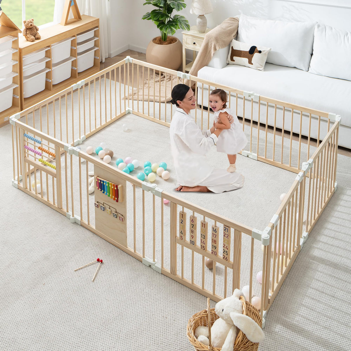 GGF Wooden Baby Playpen with 3 Montessori Toys, Foldable, 89 x 59 in