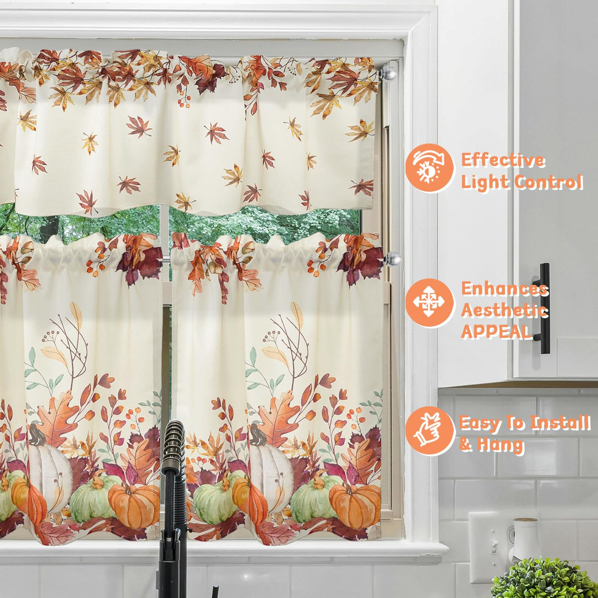 Zifmrtrwn Fall Kitchen Curtains 3 Piece Set Pumpkin Maple Leaves Curtains Valance & Tiers for Kitchen Home Indoor Cafe 36 Inch Short Window Curtain Over Sink Window Farmhouse Thanksgiving Decor