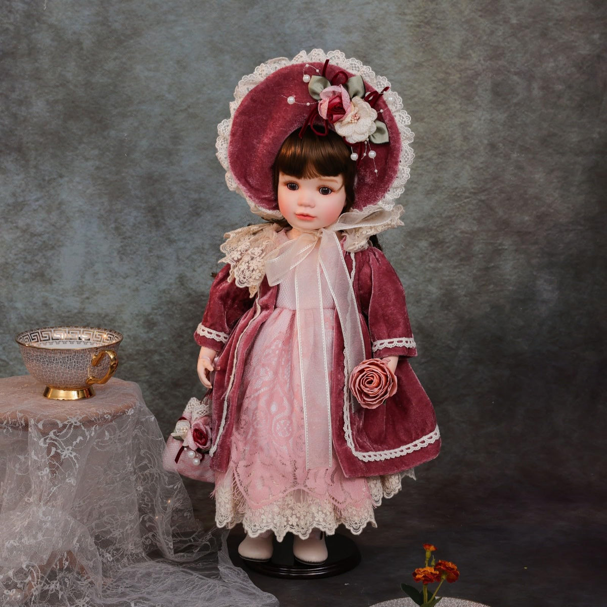 Cloveray 18 Inch Kawaii Porcelain ＆ Fabric Doll Cute European Retro Handmade Ceramic Doll with Showing Stand for Room Decor, Birthday Gifts, Collectible ，Name Olivier (Red)