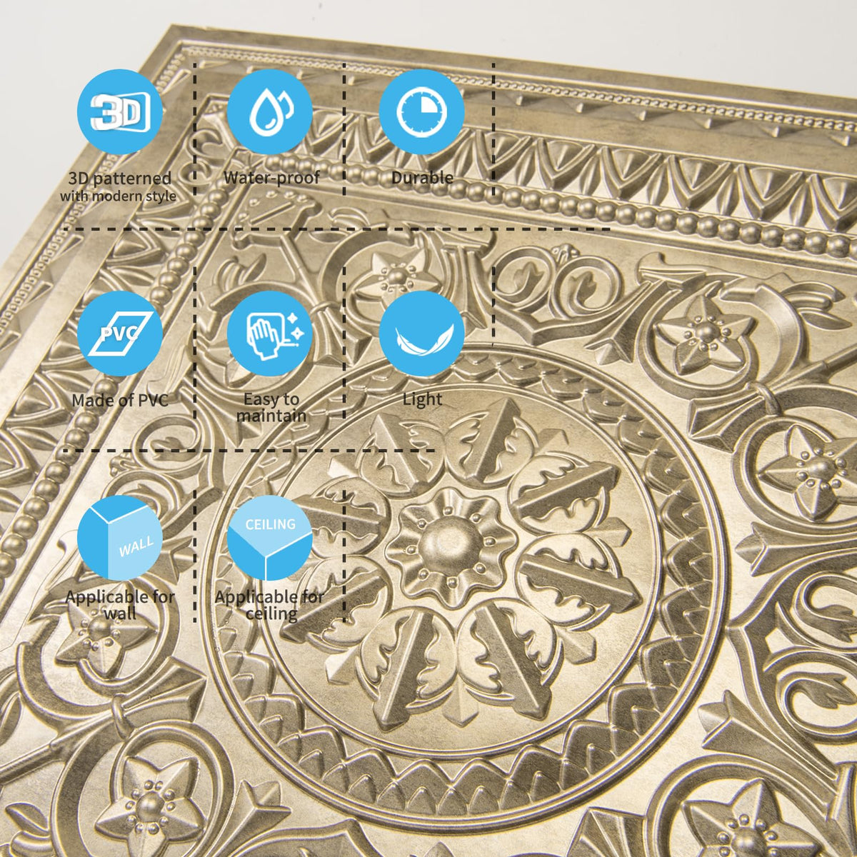 Art3d 12-Pack PVC Drop Ceiling Tiles, 2 x 2 ft, Antique Gold