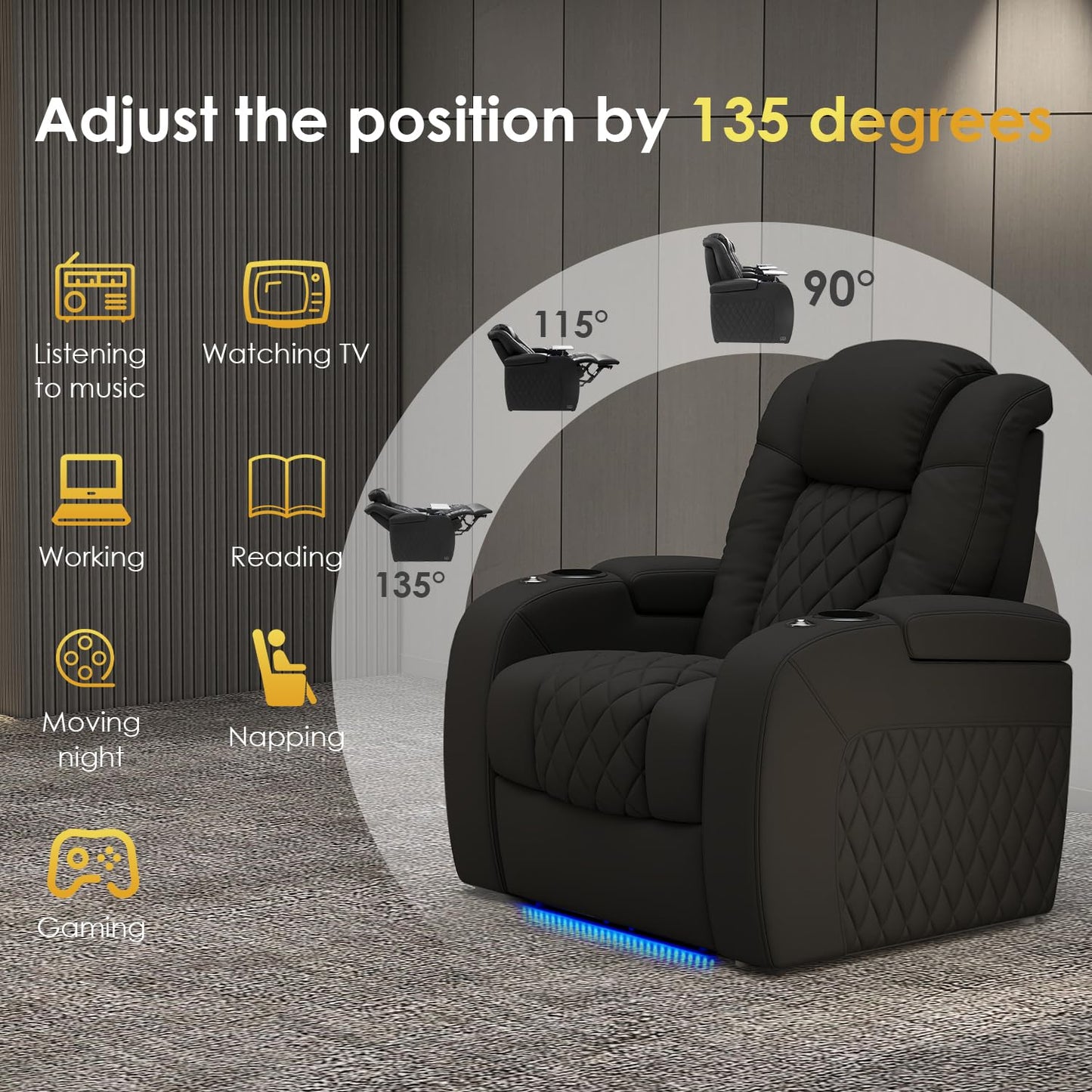 PBRO Home Theater Seating Genuine Leather Recliner Chair, Power Reclining & Headrest, USB A/C Charging Ports, Tray Table, Cup Holder Ambient Lighting Black 2 Set