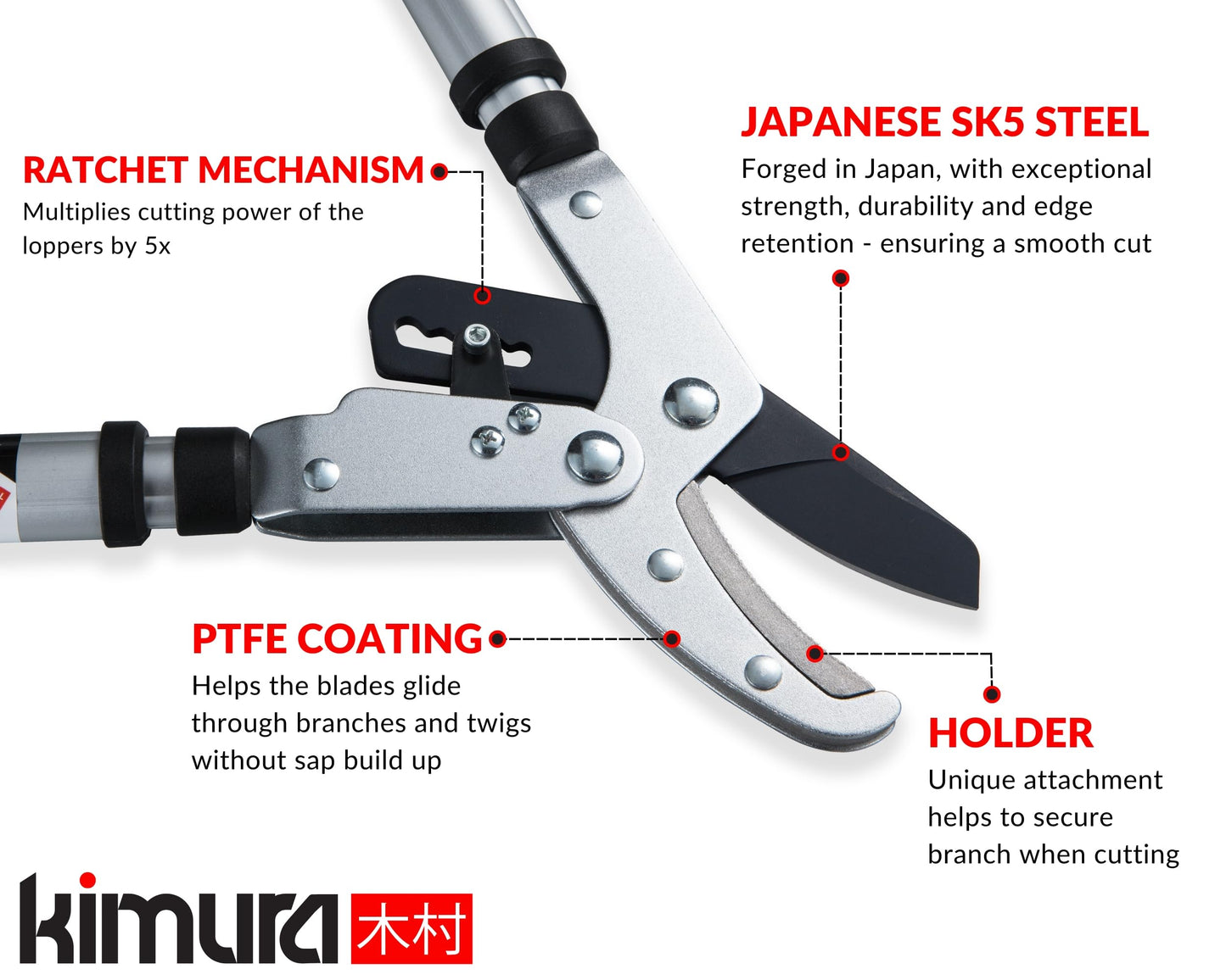 Kimura® Pro Heavy Duty Garden Loppers - 25-37", Premium Anvil Lopper with Advanced Ratchet Mechanism, Lightweight Telescopic Handles, Japanese SK5 Steel Blades, Extendable Garden Loppers