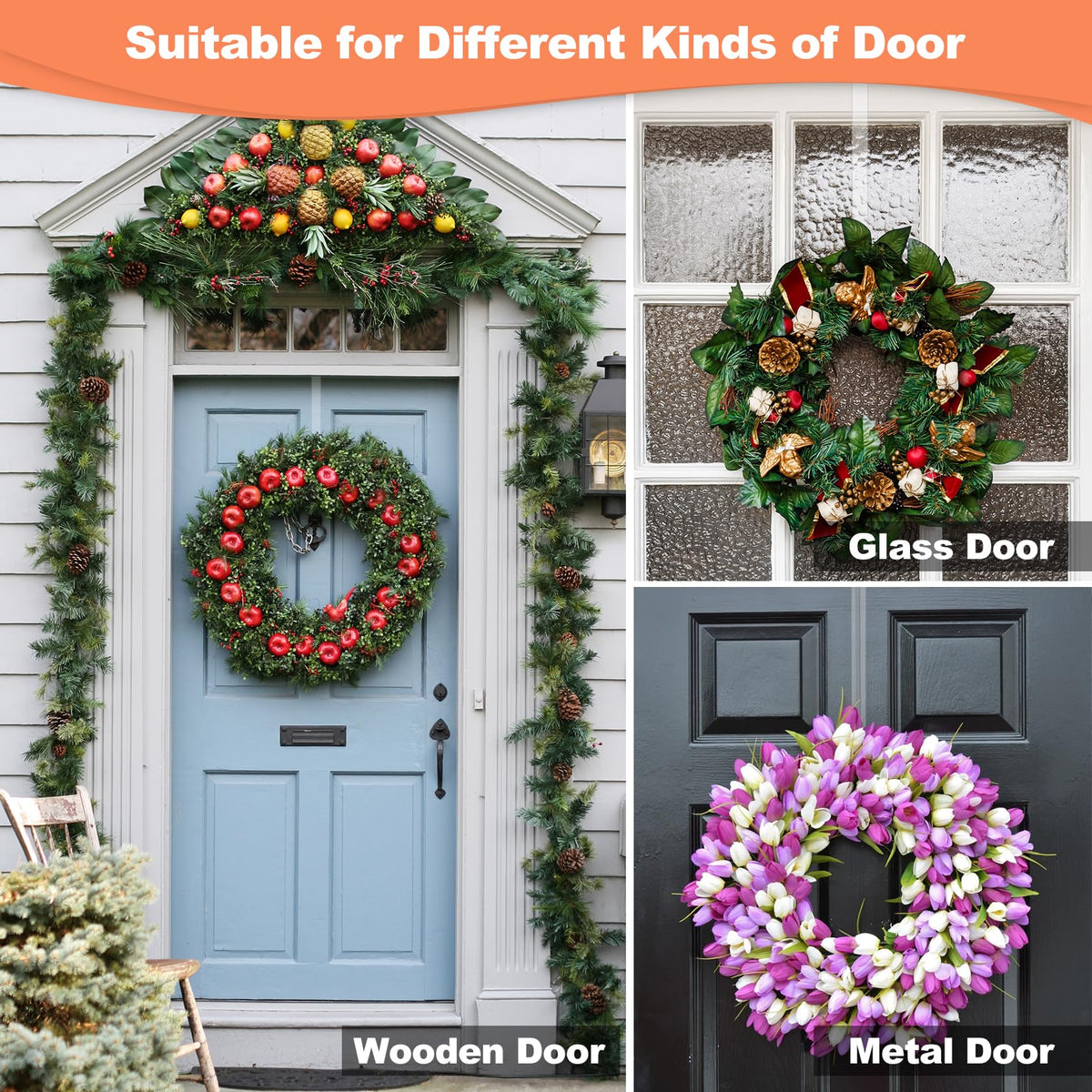 12" Clear Wreath Hangers for Front Door, 2 Pack Over Door Hooks Non-Scratch