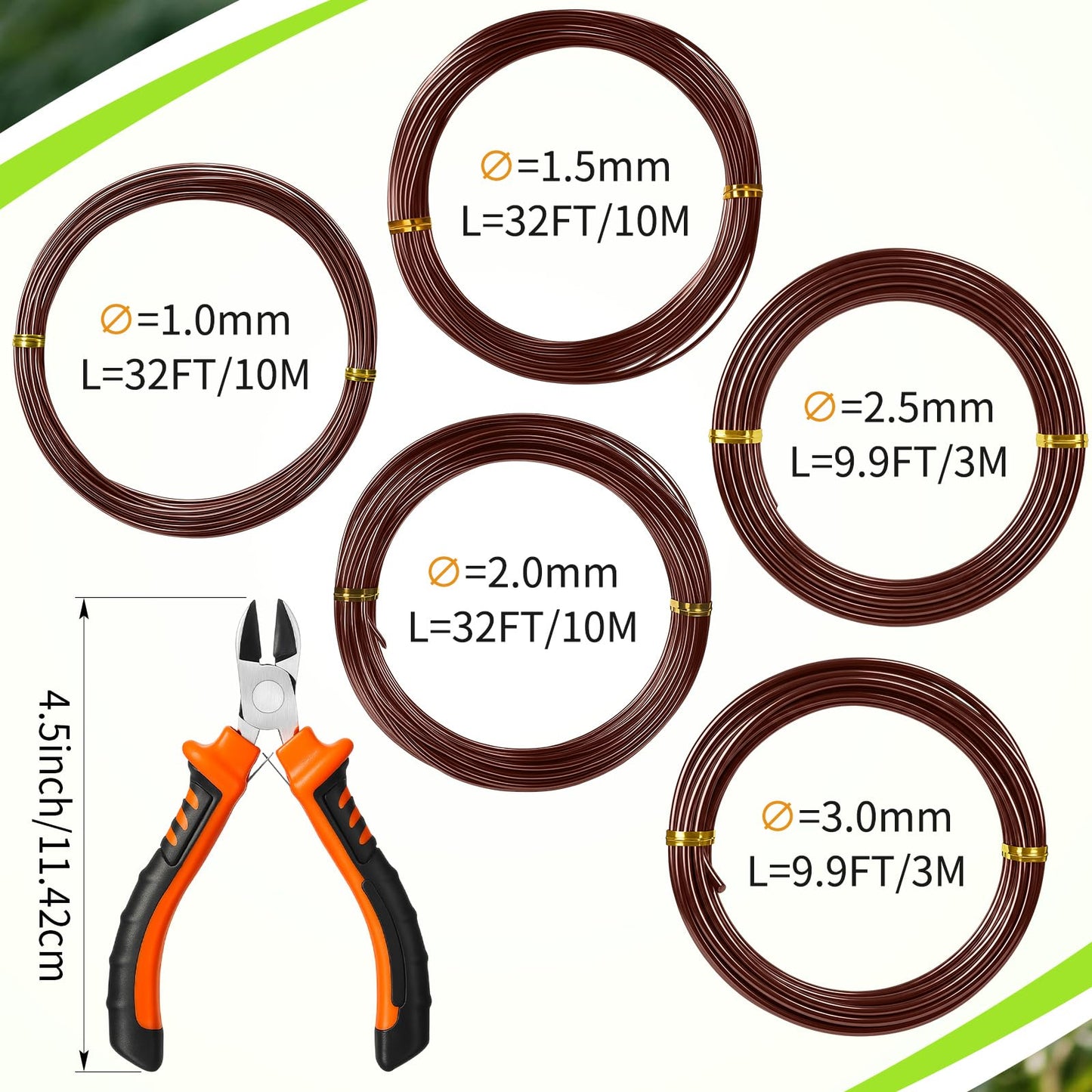 Mudder 5 Roll Aluminum Bonsai Training Wire Tree 1/1.5/2/2.5/3mm 118 Feet Total with Bonsai Wire Cutter Anodized Training for Holding Branches Small Trunks(Brown)