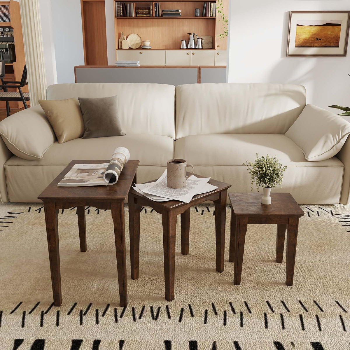 Kmax Nesting Tables Set of 3, Small Sofa Side Table Rustic Stacking End Table Rectangle Solid Wood Coffee Tables for Small Space - Walnut