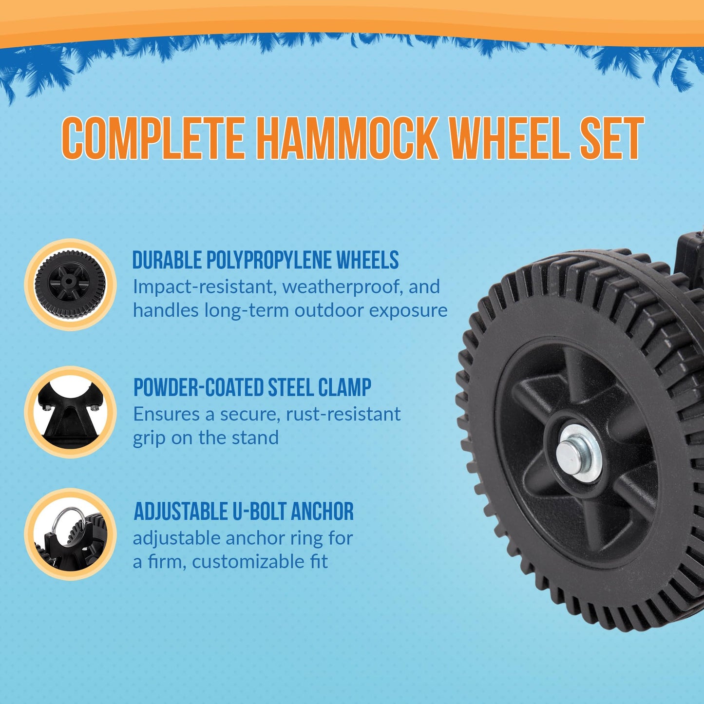 Island Umbrella All-Weather Outdoor Hammock Wheel Set – Universal 6-in Polypropylene Wheels – Fits Tube-Style Stands up to 2-in Dia., Powder-Coated Steel Bracket, Easy Assembly, Weather-Resistant
