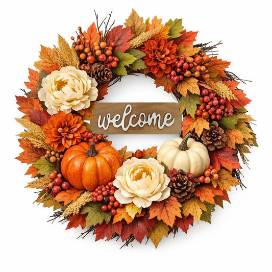 24 Inch Fall Wreaths for Front Door with Welcome Sign.