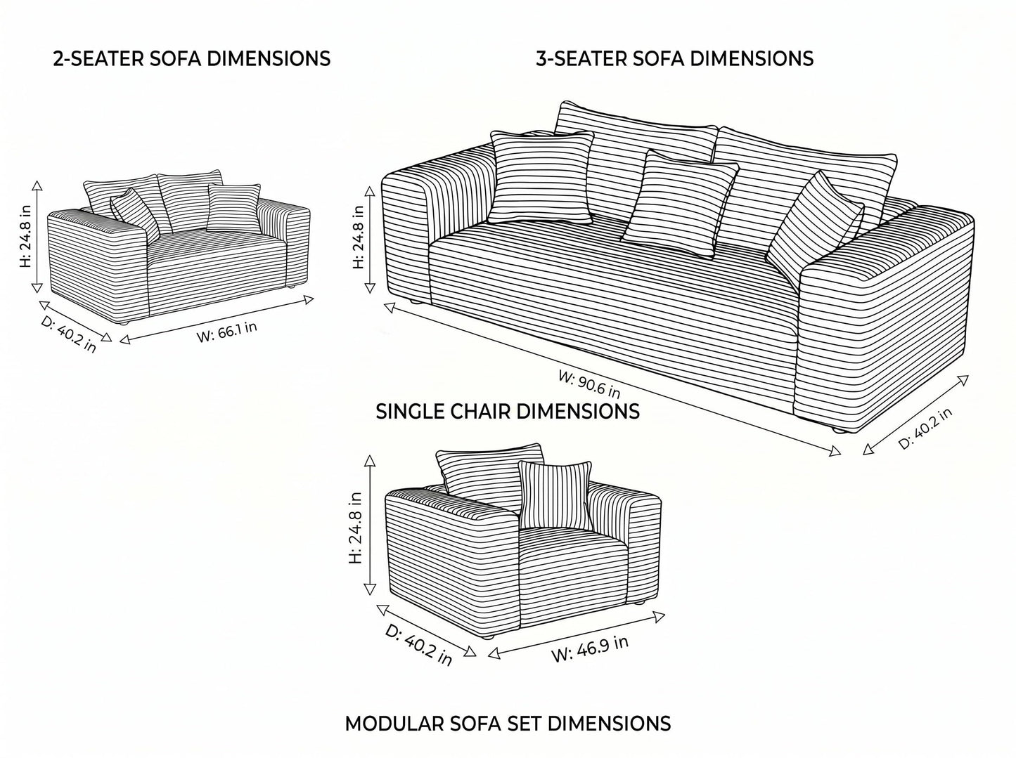 Trygoal 3-Pieces Sectional Boneless Couch Set for Living Room, Oversized Couch Including 3-Seater & 2-Seater & Single Chair, Deep Seat Sofa Set with Armrests & Pillows,No Assembly Required, Black