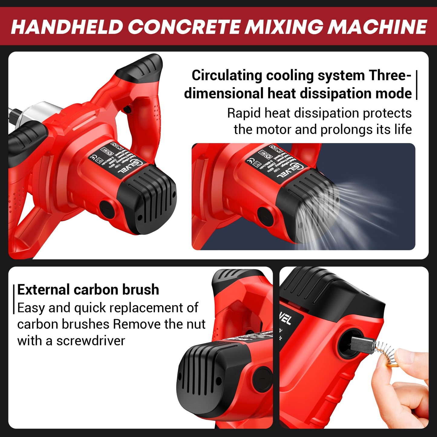 SILVEL Cement Mixer, Max 2300W Electric Concrete Mixer with 6 Adjustable Speeds, Portable Mortar Mixer, 110V Handheld Mud Mixer for Mixing Mortar, Paint, Slurry, Gypsum, Sheetrock, Feeding