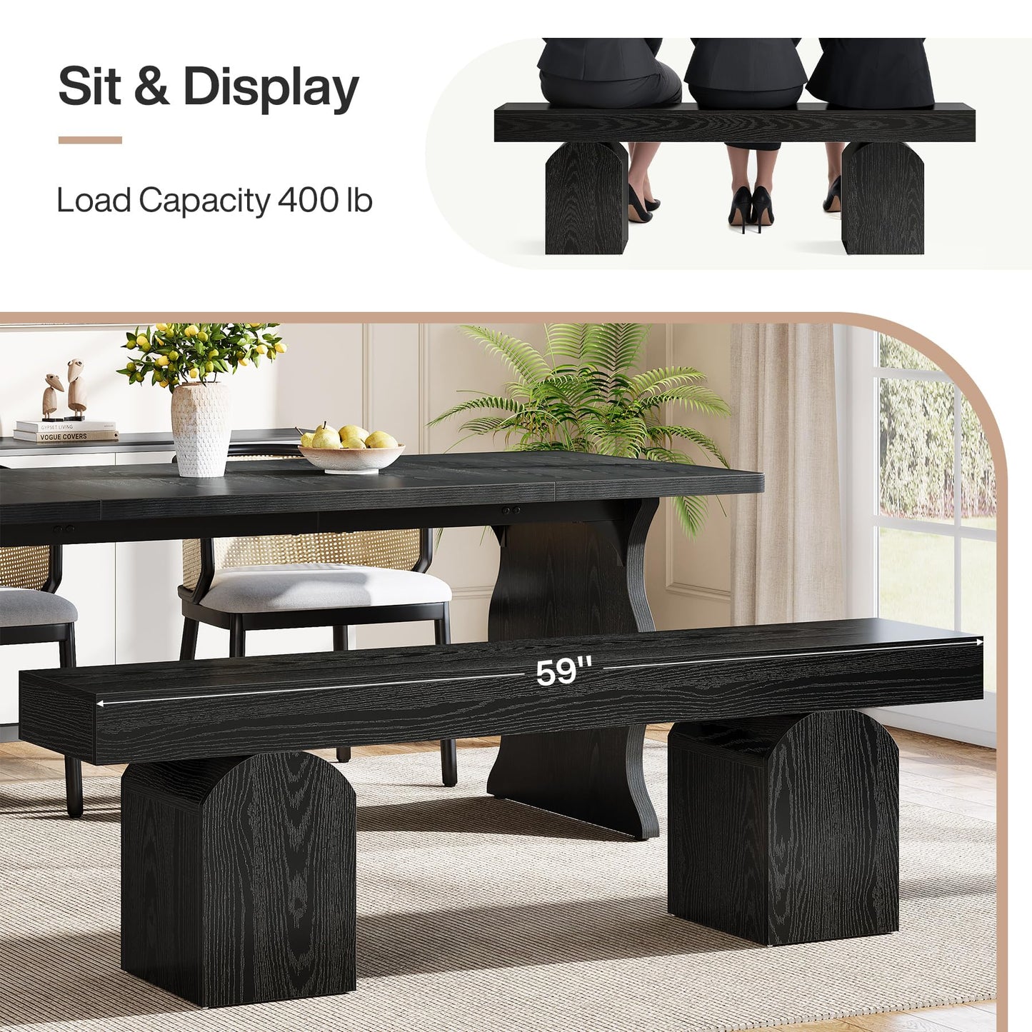 Tribesigns 59" Black Dining Bench for 2 to 3, Modern Dining Table Bench with Arched Base, Extra Long Kitchen Bench Seating for Dining Room, Living Room, Entryway