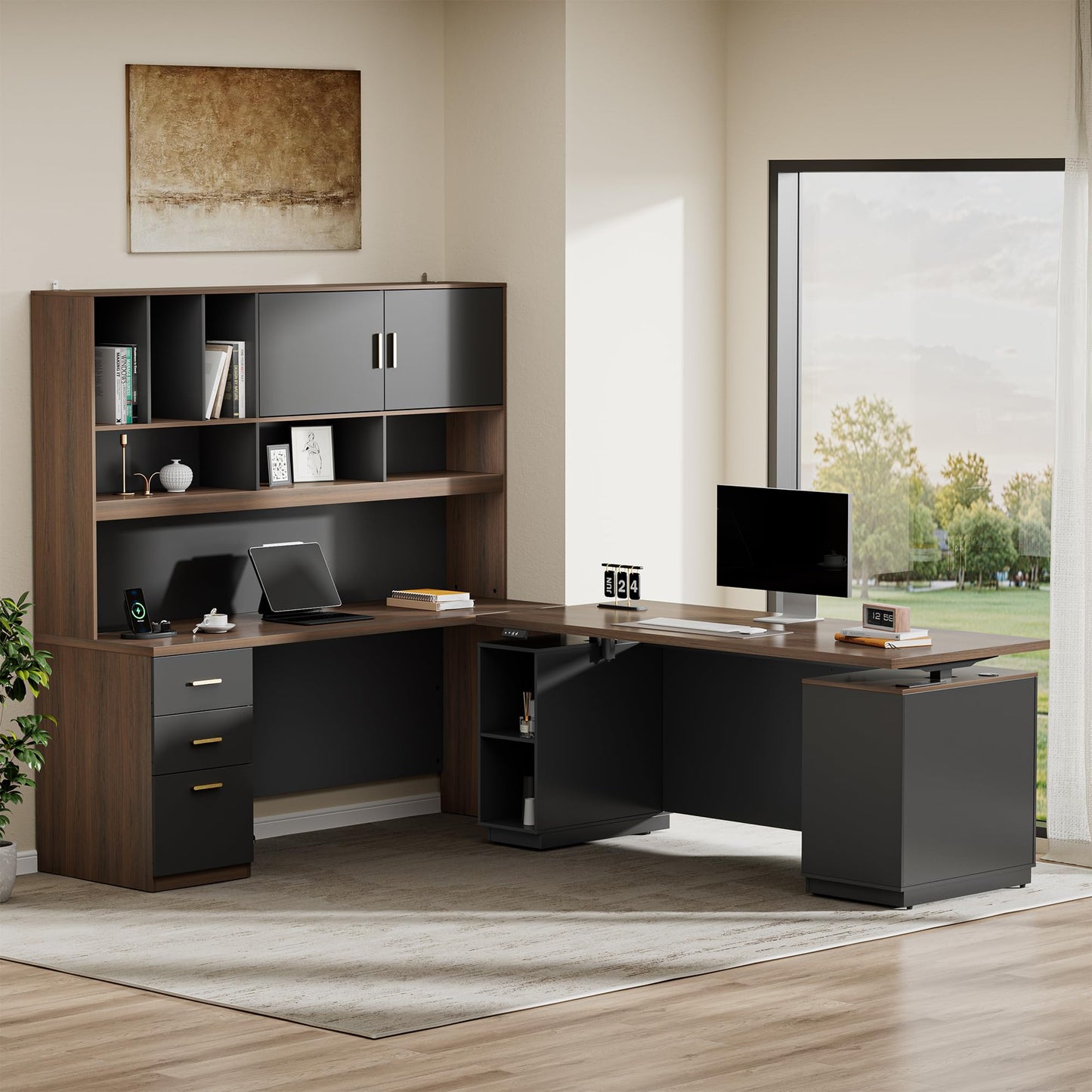 ModernMate 71'' Electric Standing Desk, 72.8'' Executive Office Desk Furniture Set with Hutch, Home Office Large One-Piece Desktop Privacy Panel, Charging Station, File Cabinet, Black Walnut