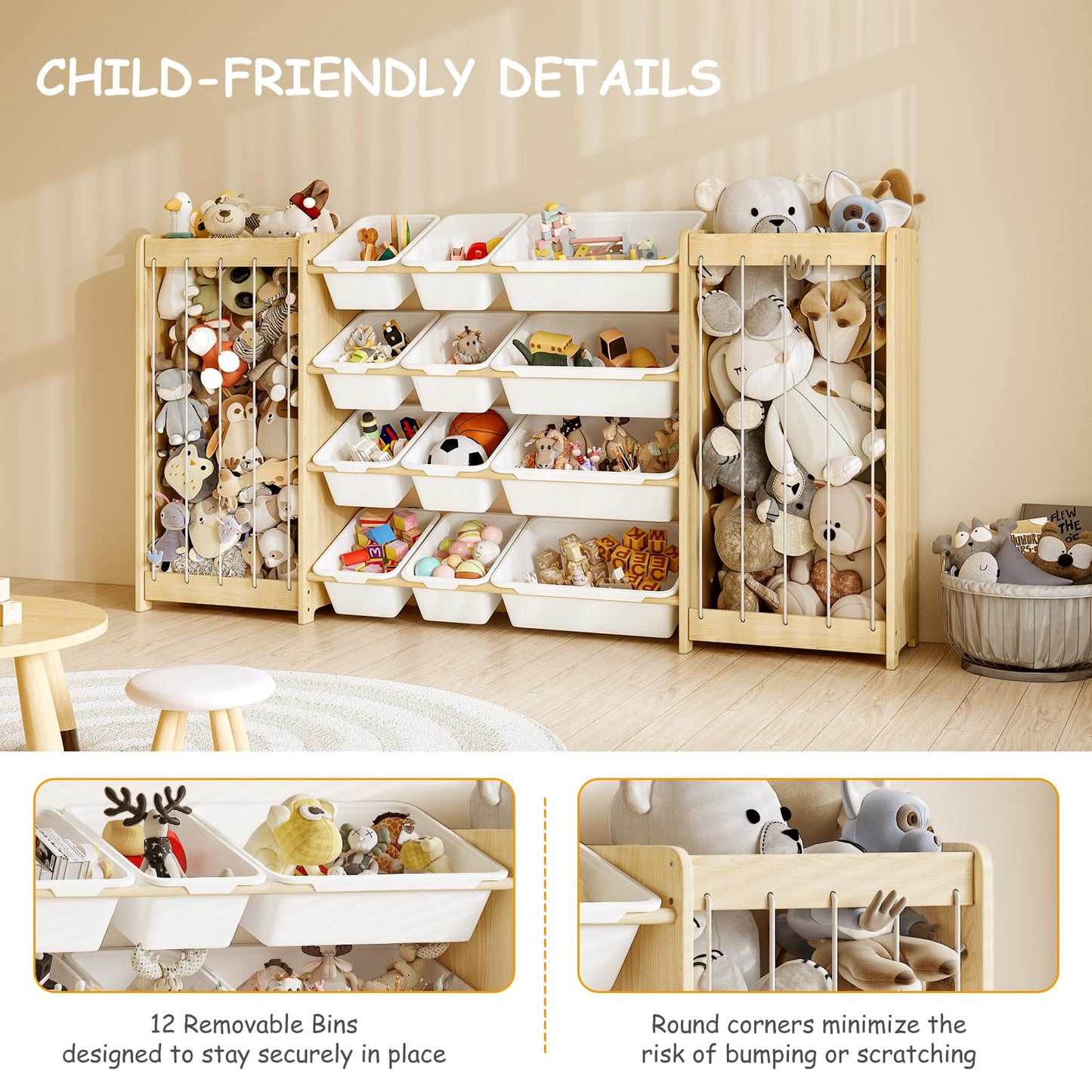 EXPERLAM Large Toy Storage Organizer, Wooden Stuffed Animal Storage & 12-Bins Toy Organizer, Double-Sided Plush Toy Holder Featuring Thicker Ropes, Space Save Playroom Nursery Bedroom Storage, White