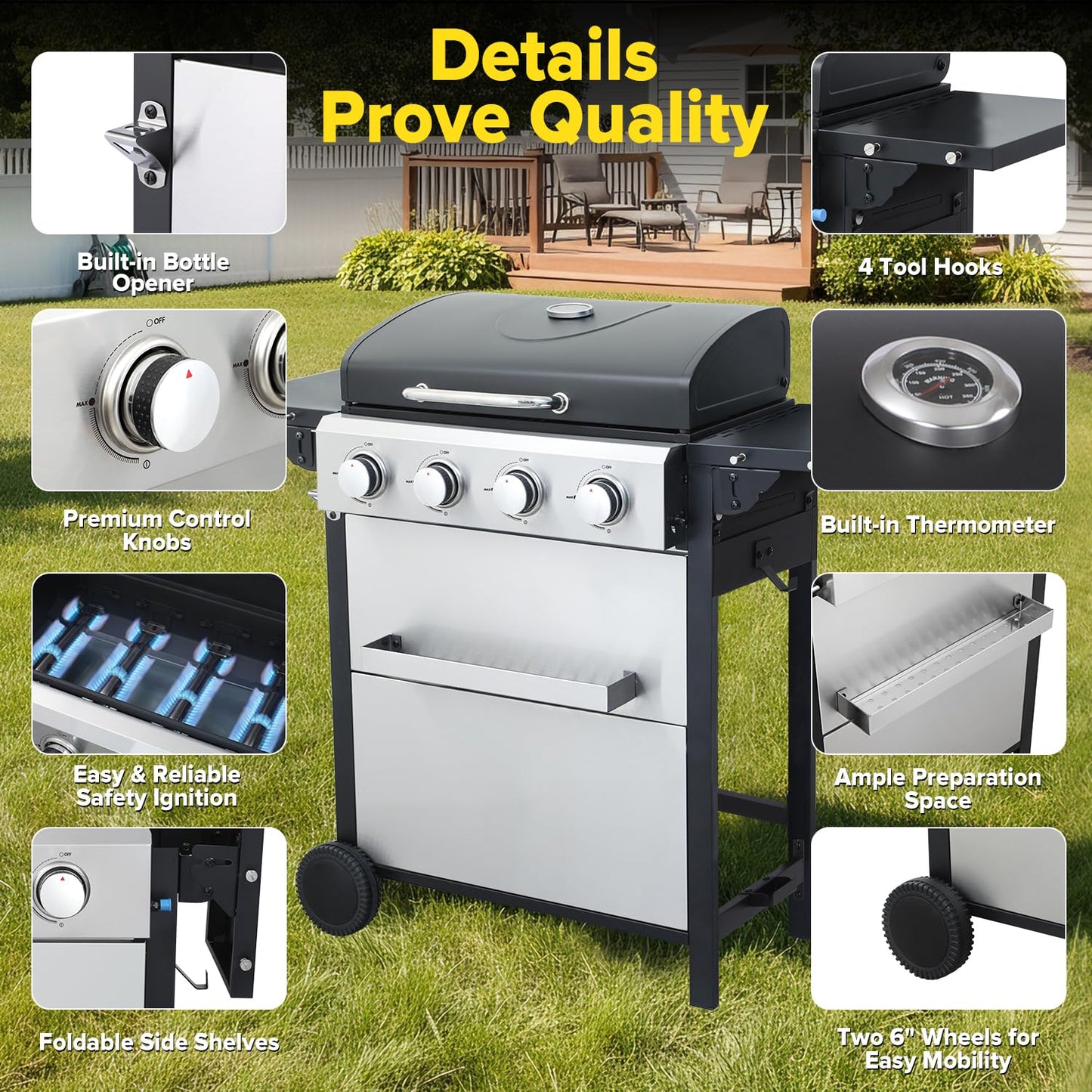 IdeaMaxx 4 Burner Gas Grill with Foldable Shelves, 40,000 BTU Stainless Steel Propane BBQ Grill, 387 Sq. In. Cooking Space, Portable Outdoor Grill for Patio, Backyard, Camping & Tailgating