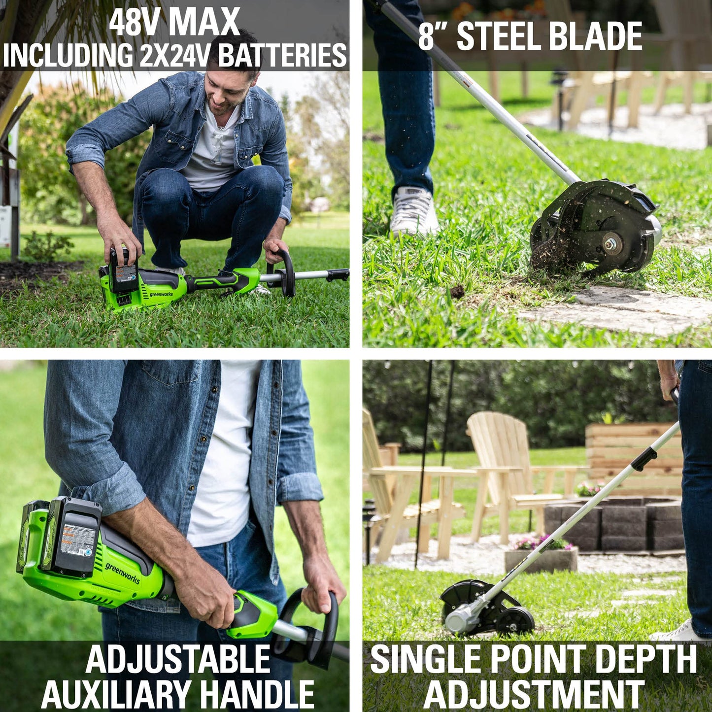 Greenworks 48V (24V x 2) 8-Inch Brushless Cordless Edger, (2) 4Ah Batteries & 4A Dual Port Fast Charger for Sidewalk Driveway Lawn Edging