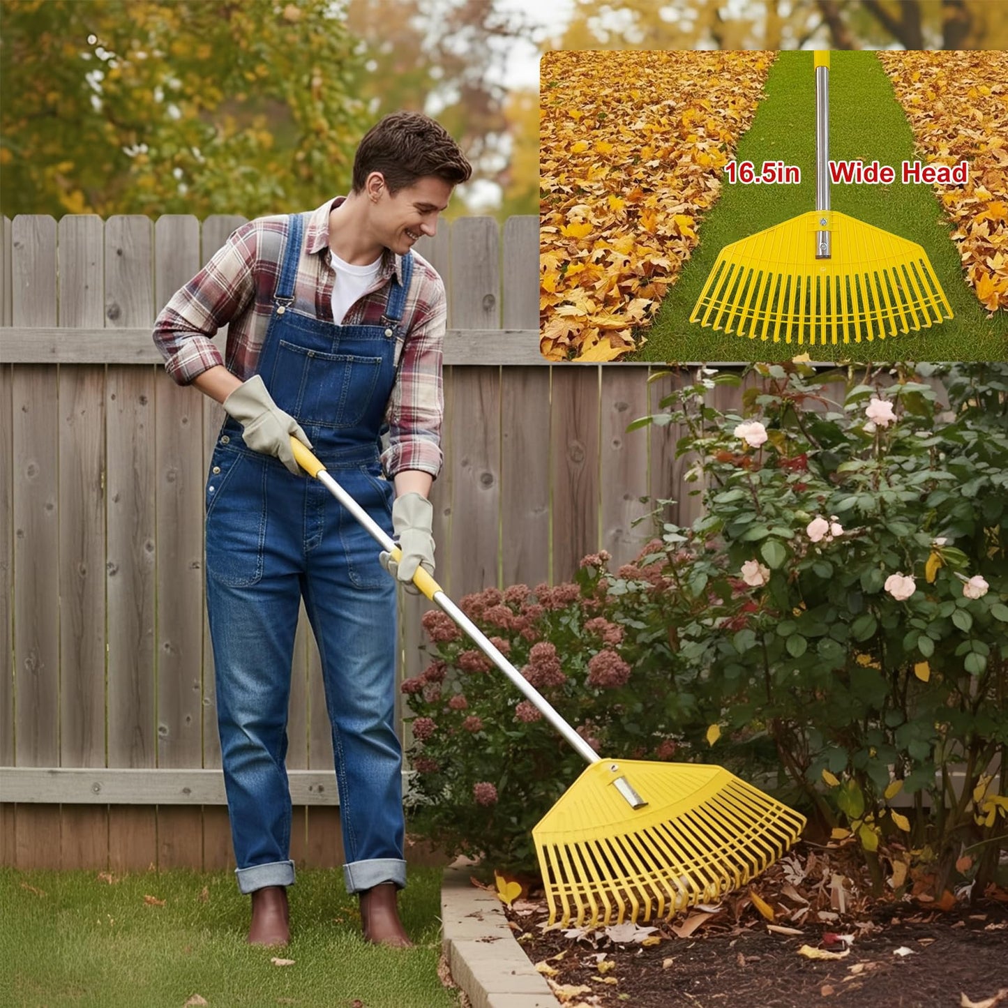 Plastic Leaf Rake for Lawns - Lightweight & Anti-Break Nylon Head, 16.5'' Wide Yard & Garden Rake for Leaves, Grass, Pine Needles, Adjustable Long Handle Easy Use for Women,Seniors,Kids
