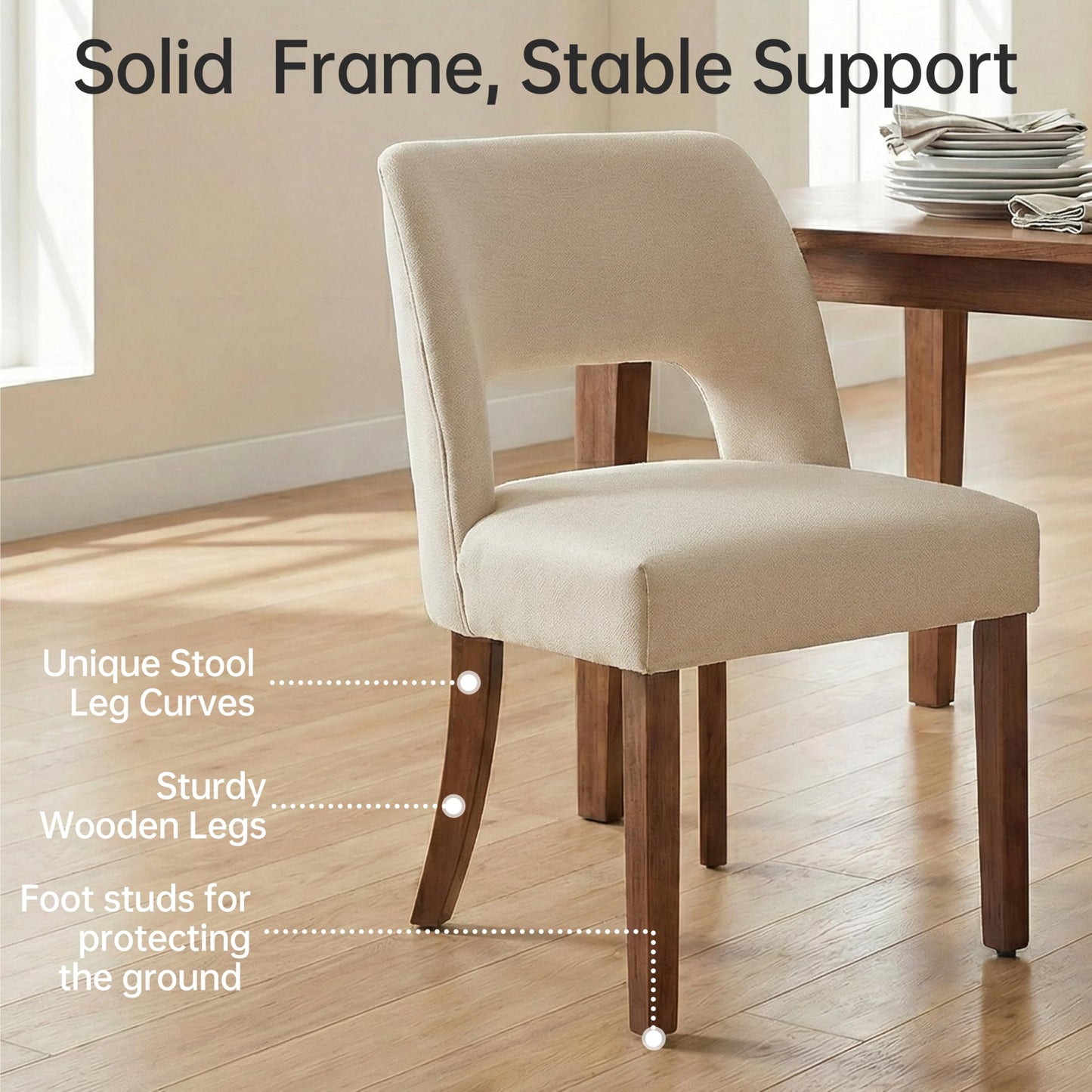 keoni Wooden Dining Chairs Set of 4, Mid Century Modern Upholstered Dining Room Chairs with Rubberwood Legs, Fabric Farmhouse Kitchen Chairs with Foot Pegs for Dining Room, Beige