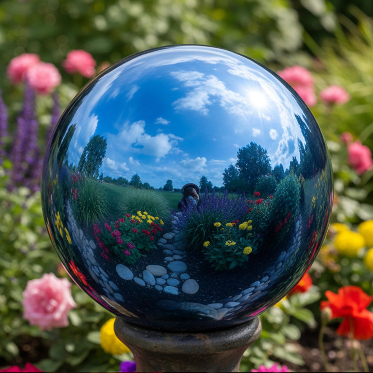 Sunnydaze 10-Inch Handblown Mirrored Glass Gazing Ball - Reflective Outdoor Garden Globe Sphere for Yard, Patio, Flower Bed, Walkway, and Landscape Decor - Blue Stainless Steel Finish