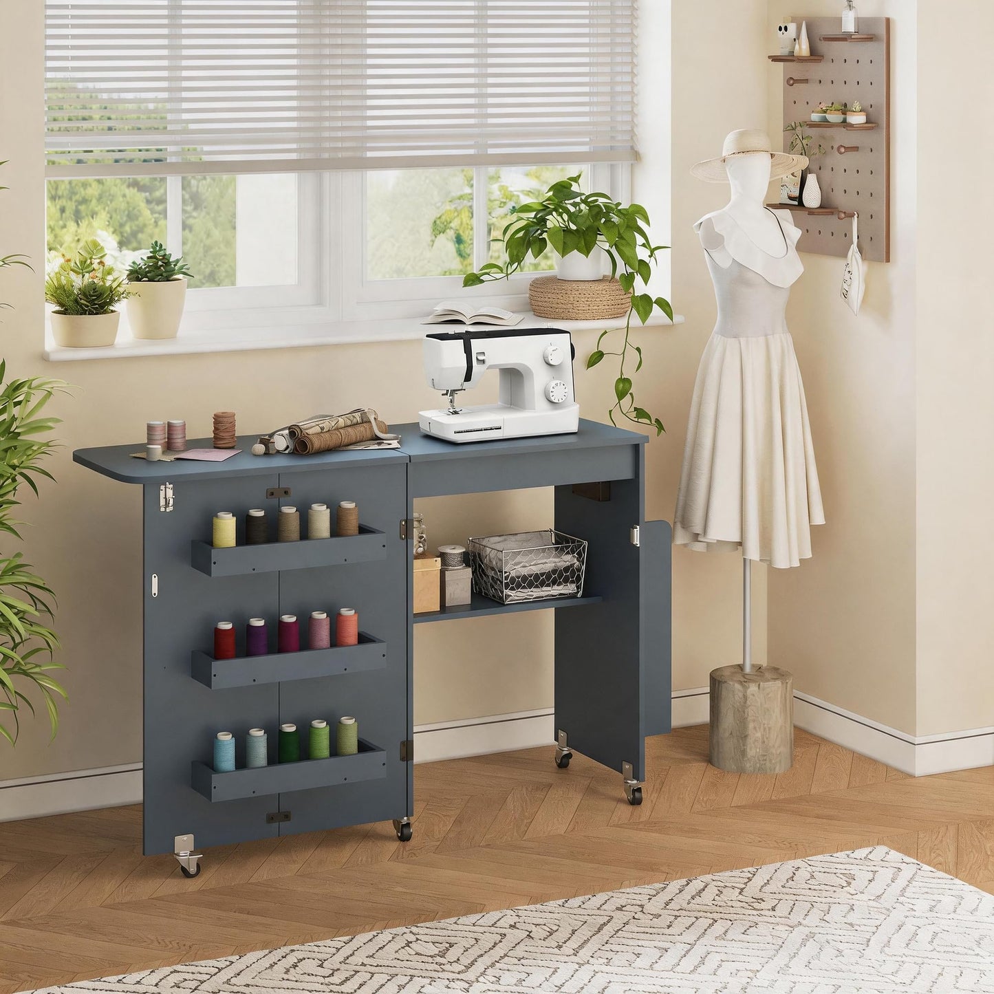 DUDUSHIMAN Sewing Table with Storage, Folding Sewing Table with Charging Station/Shelves,Lockable Casters, Sewing Machine Desk for Home Apartment, Studio (Navy Blue)