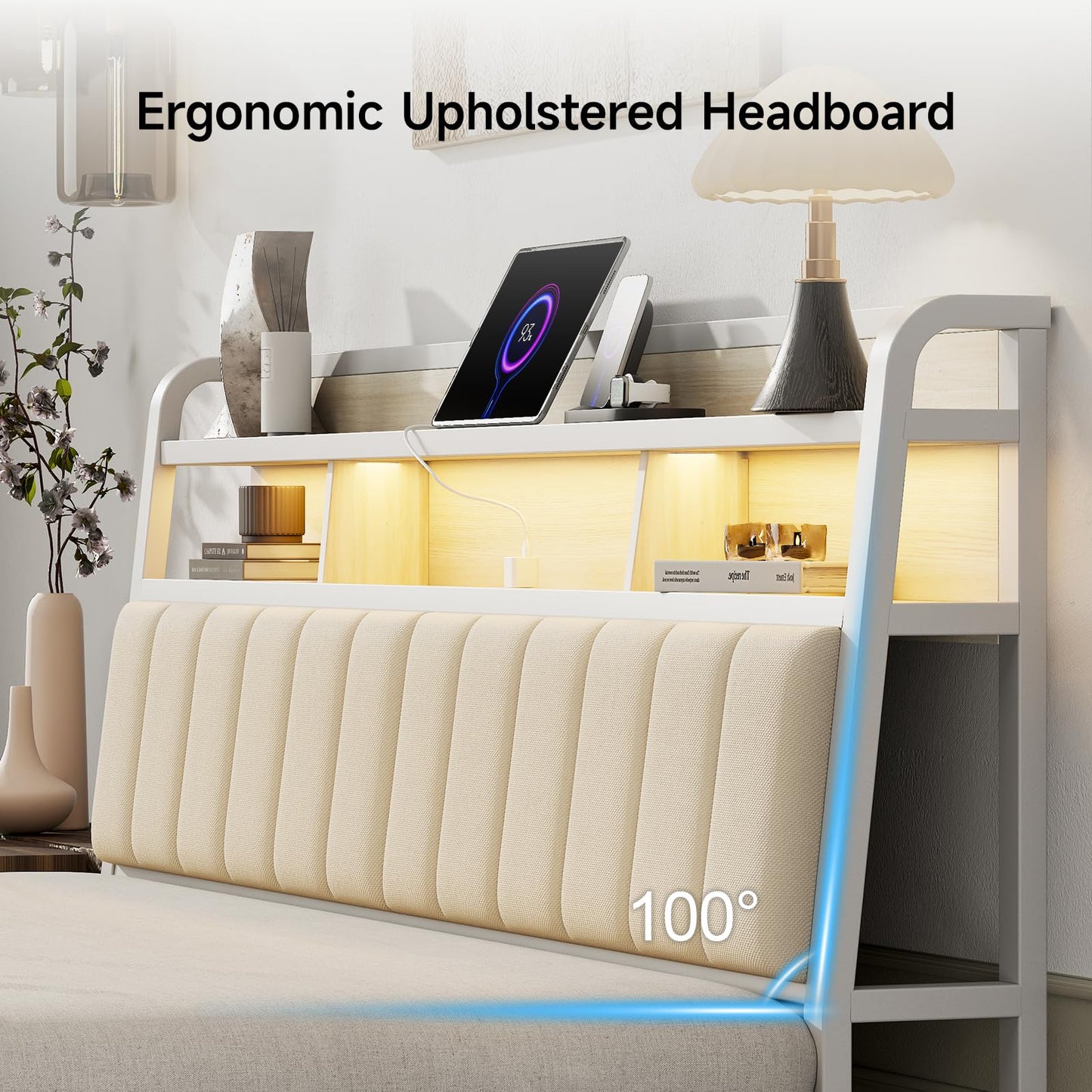 Lefurture King Headboard Only with Storage, Upholstered Headboards for King Size Bed with LED Light, Charging Station, Height Adjustable, Sturdy and Stable Headboard, Off White
