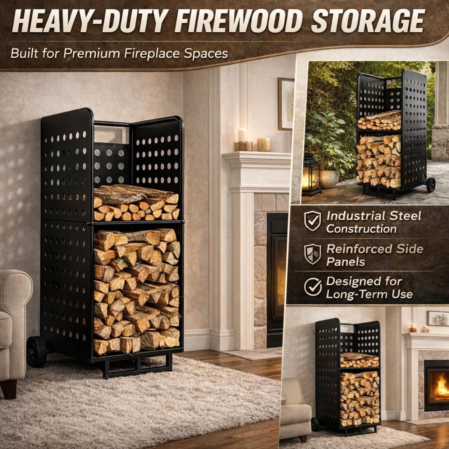 Cycayit Firewood Rack Outdoor Heavy Duty 800lbs - Rolling Firewood Cart with Wheels, All Weather Fire Wood Storage Rack Indoor Outdoor