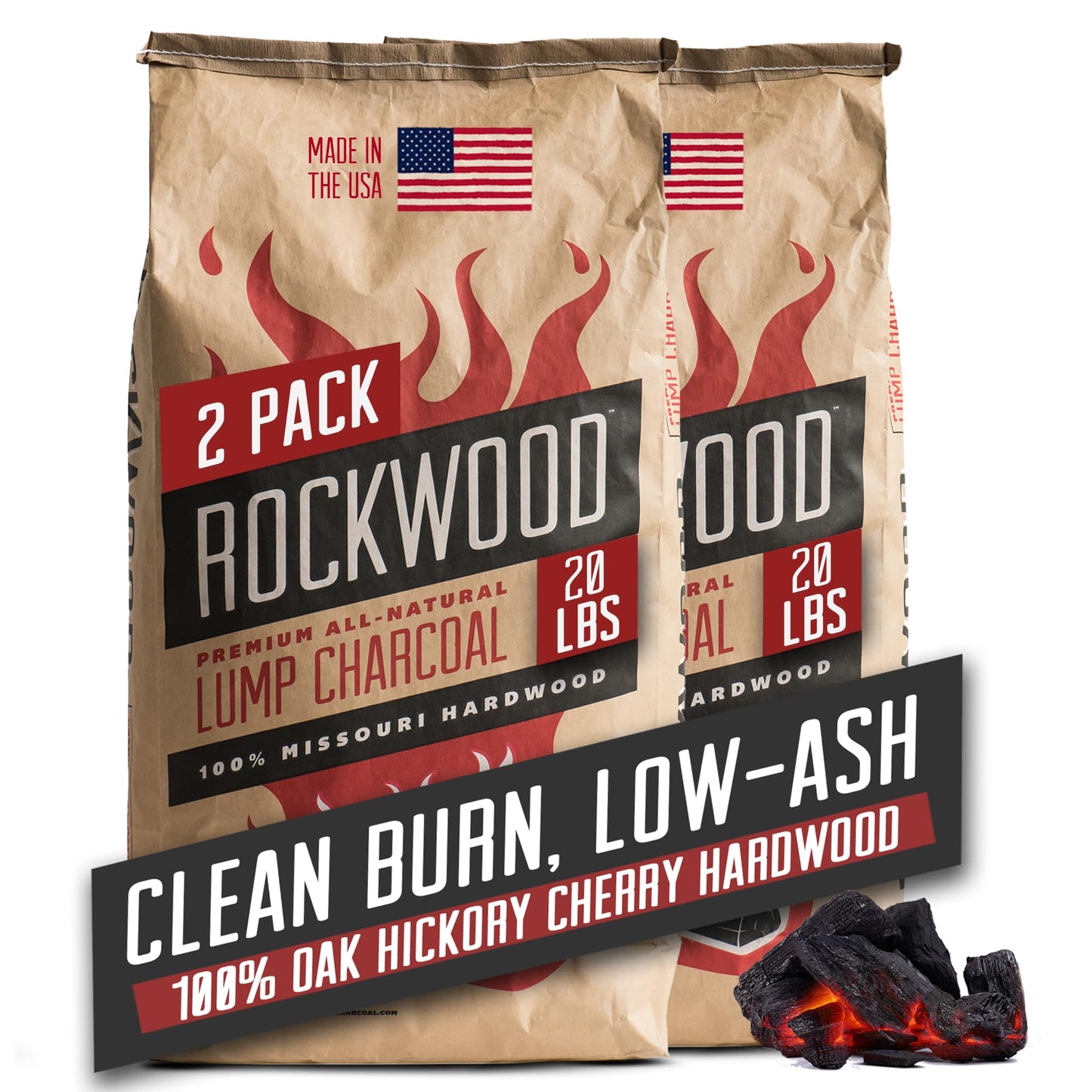 Rockwood Natural Lump Charcoal – Hardwood Lump Charcoal Blend of Oak, Hickory & Cherry for Clean Burn, High-Heat Grilling & Smoky Flavor Barbecue – Ideal for Kettle & Kamado Grills – 20lbs (2 Packs)